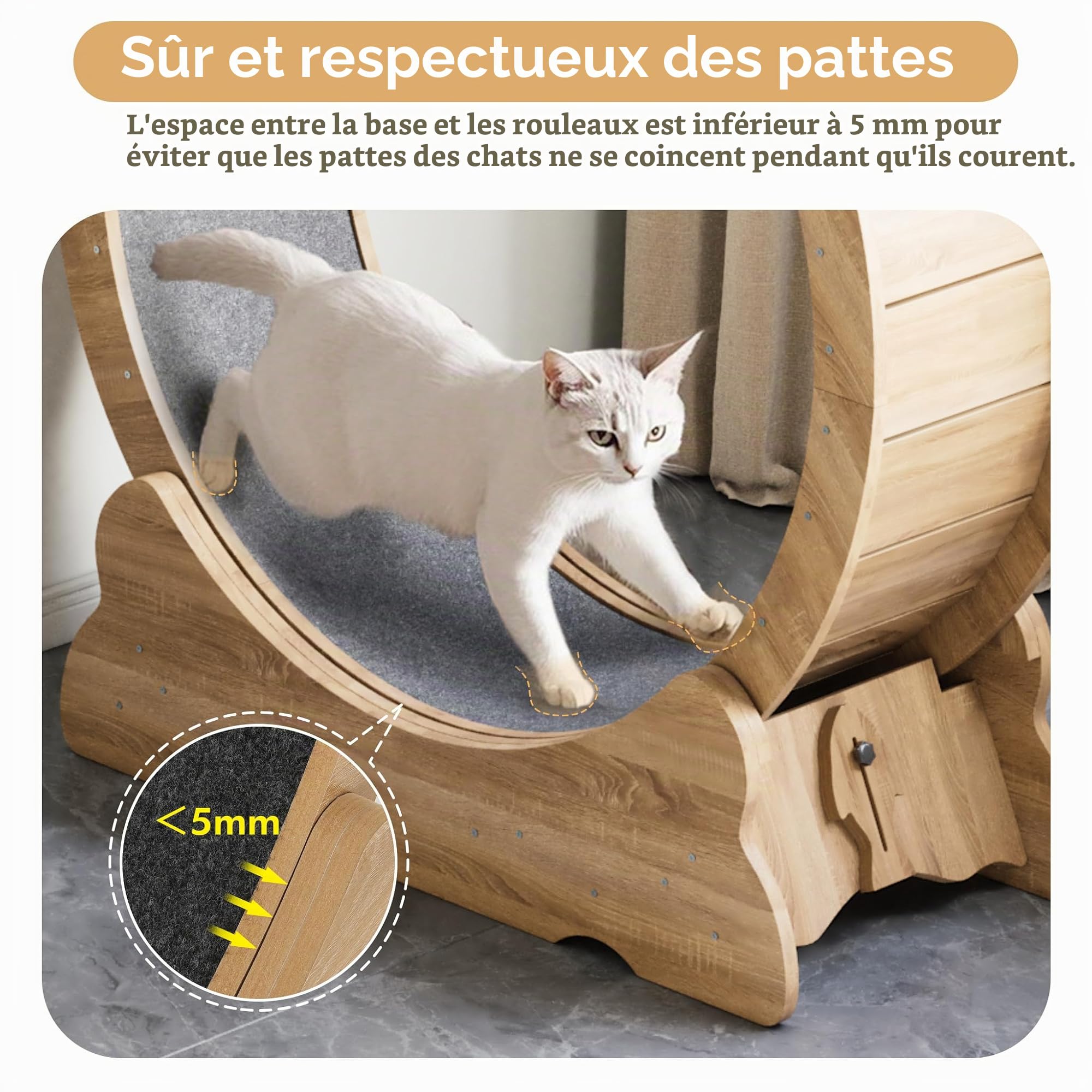 Mondeer Roue pour Chat d'intérieur avec Piste Moquette, Tapis de Course XL de 90 cm avec Tapis Amovible et Jouet pour Chat, pour Course à Pied, Marche, entraînement (Bois Naturel)