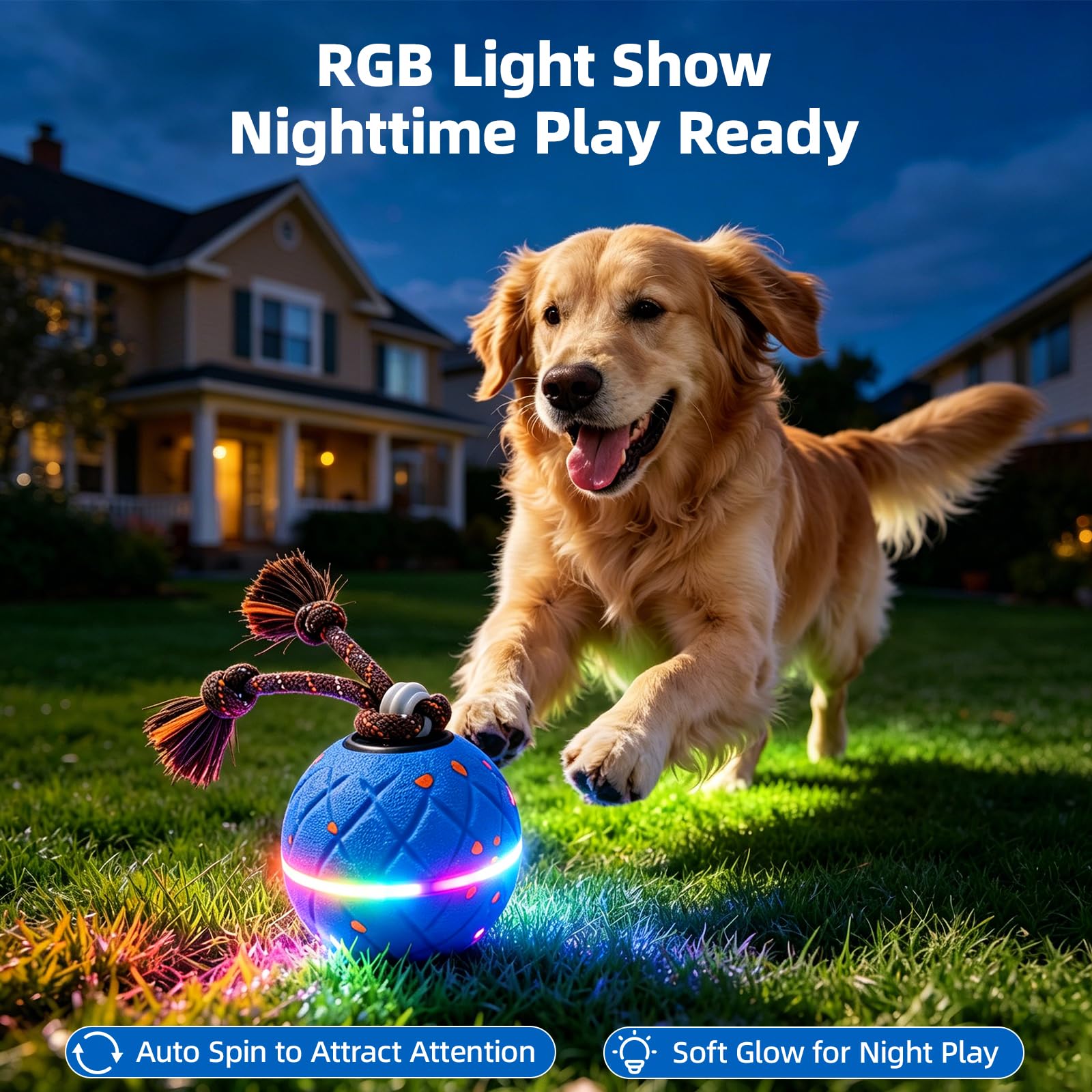 Interaktiver Hundeball - Wicked Ball Rolly mit Seil & Bellen, Intelligentes Interaktives Hundespielzeug mit 2 Spielmodi, E-TPU, USB-C aufladbar, RGB-Lichter, Geeignet für kleine bis große Hunde