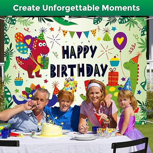 Miniatura 6 de Rimbol Telón de fondo de dinosaurio, 4.5 x 6 pies, fondo de dibujos animados de dinosaurio Bash feliz cumpleaños para niños