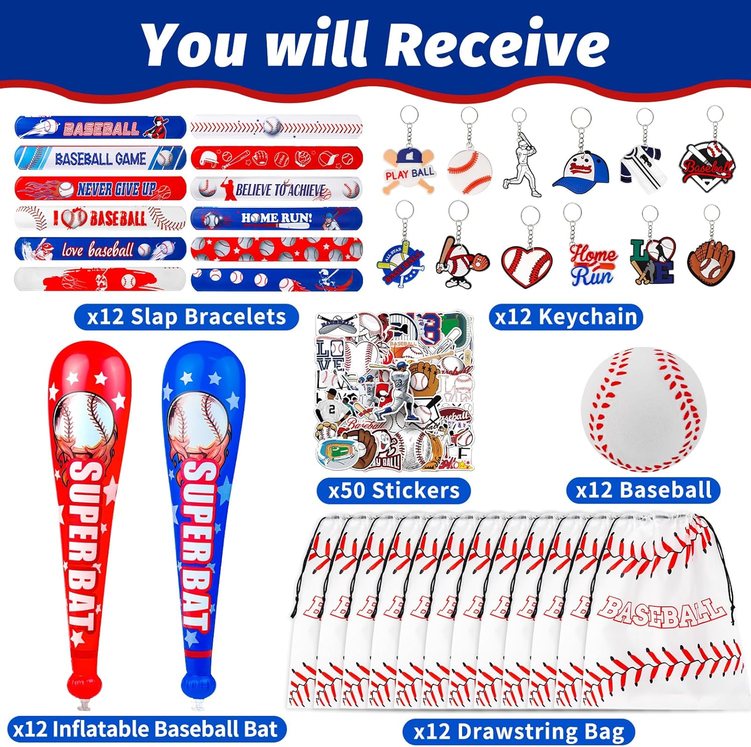 Japior 110 Pcs Baseball Party Favors Set Goodie Bags Inflatable Baseball Bat Foam Stress Balls Slap Bracelets Keychains Stickers for Baseball Themed Party Decorations and Birthday Celebrations