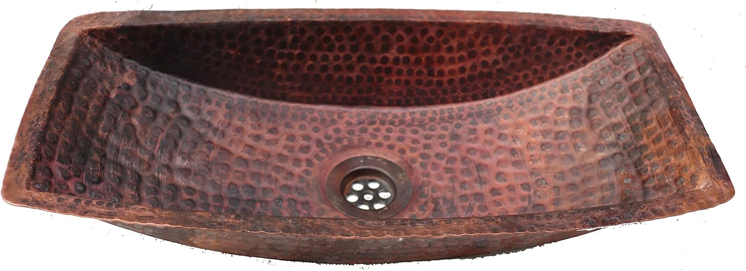 Trough Sleek Rustic Copper Bathroom Sink Washbasin Bowl Built-in Bottom Ring Bathroom Remodel Hand Hammered Textured Firing Antique Patina Kitchen Prep Bar Washbowl Vessel Undermount Top Mounting