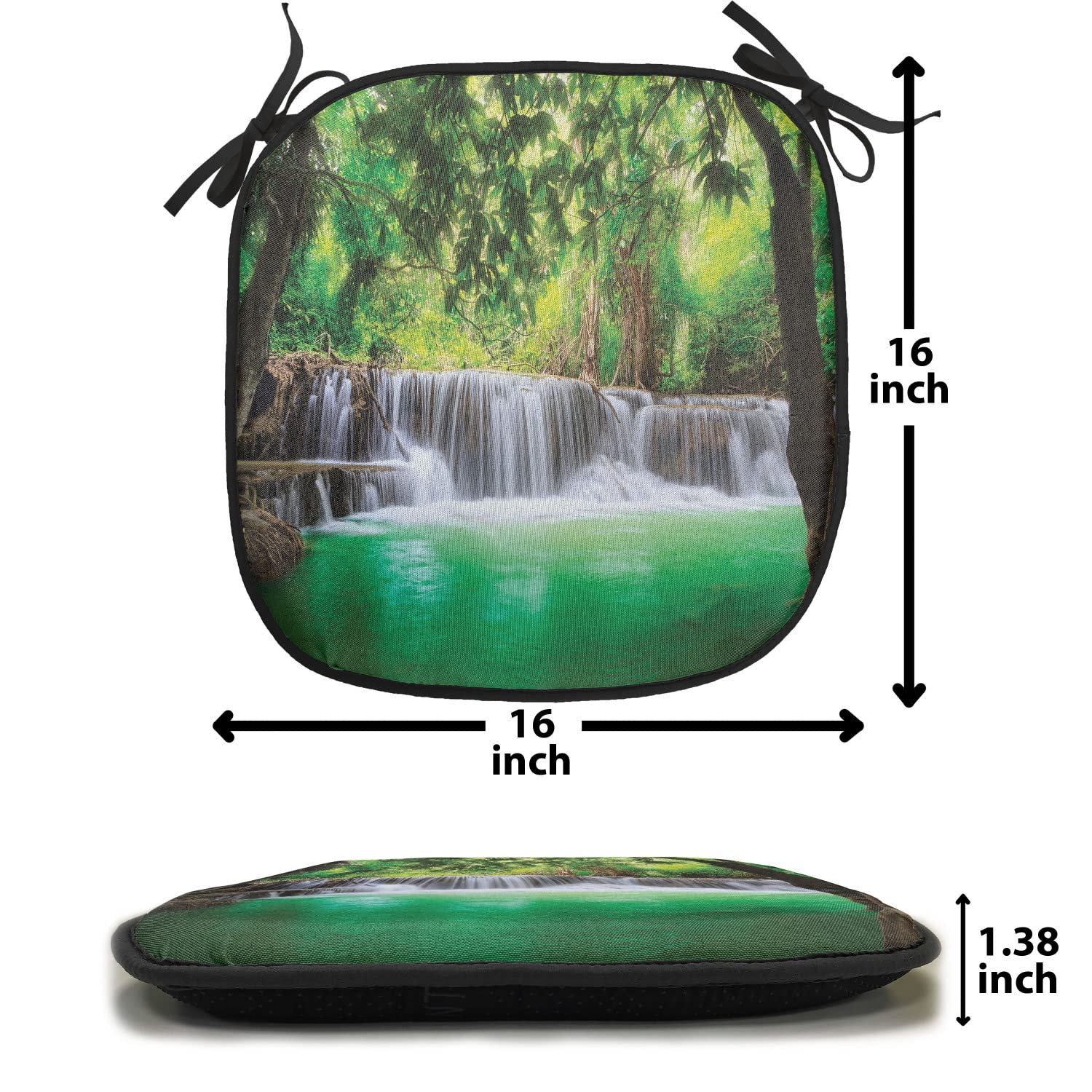Lunarable Waterfall Chair Cushion Pads Set of 4, Waterfall in Tropical Forest Trees Thailand Kanjanaburi Sunny Day Image, Anti-Slip Seat Padding for Kitchen & Patio, 16"x16", Green Brown White - Image 7