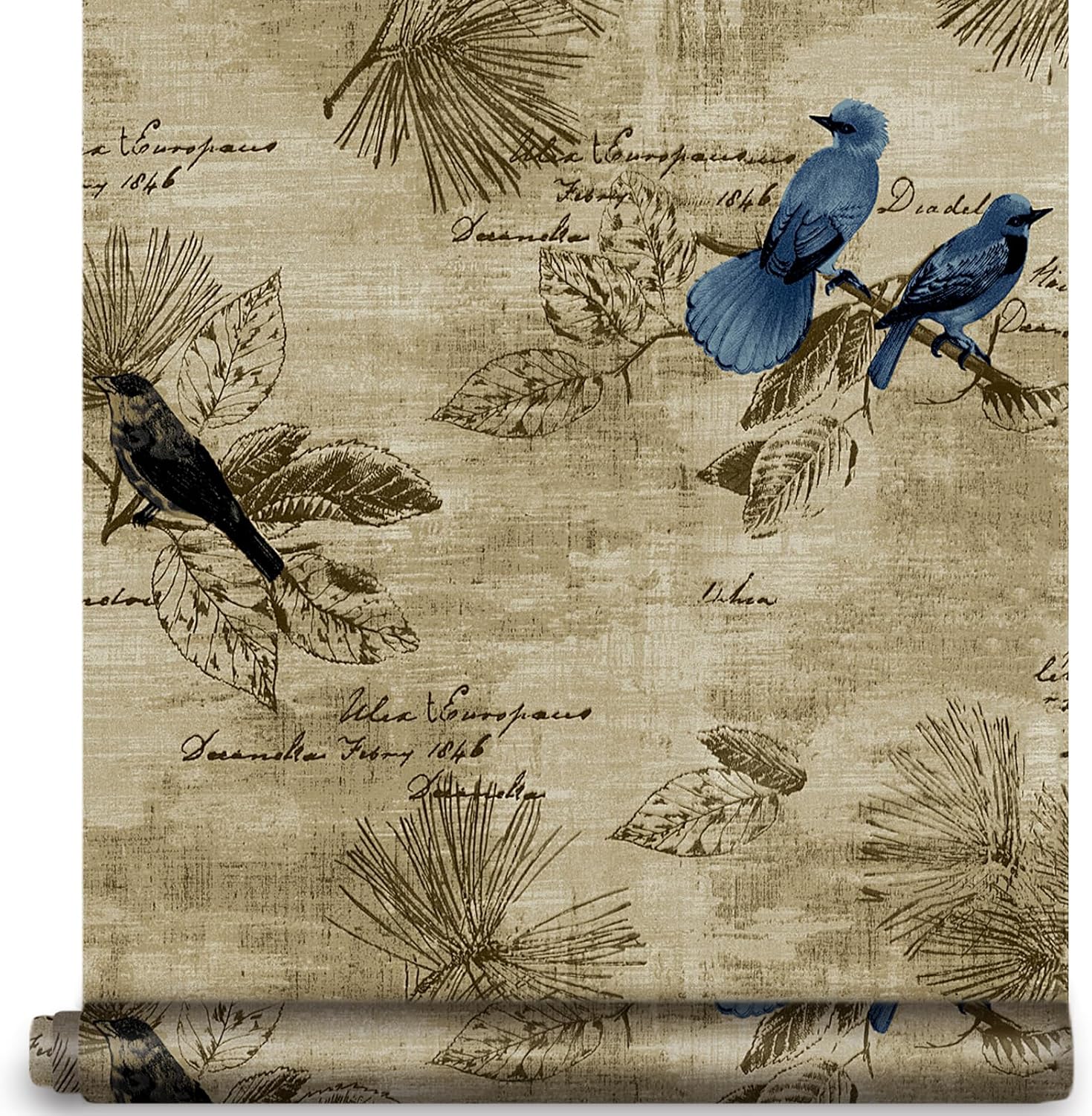 Bird Wallpaper Vintage Removable Self Adhesive Peel and Stick Drawer Liner Printed Contact Paper Bedroom Cabinet Countertop Decor 17.7" X 9.8 ft