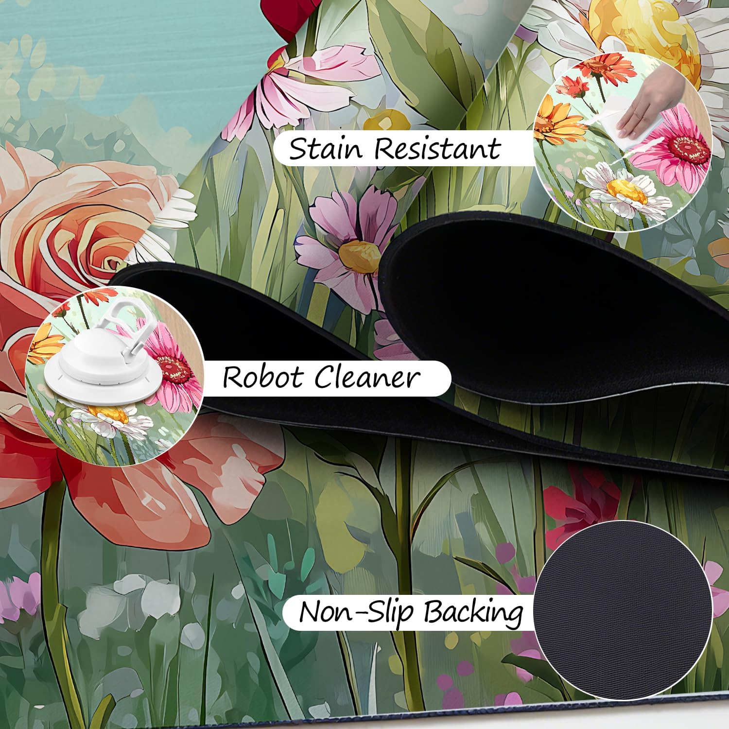 ANNA QUEEN Spring Flower Laundry Room Rug 20x47 Inch – Colorful Garden Non Slip Runner Mat for Kitchen, Entryway, and Home Decor