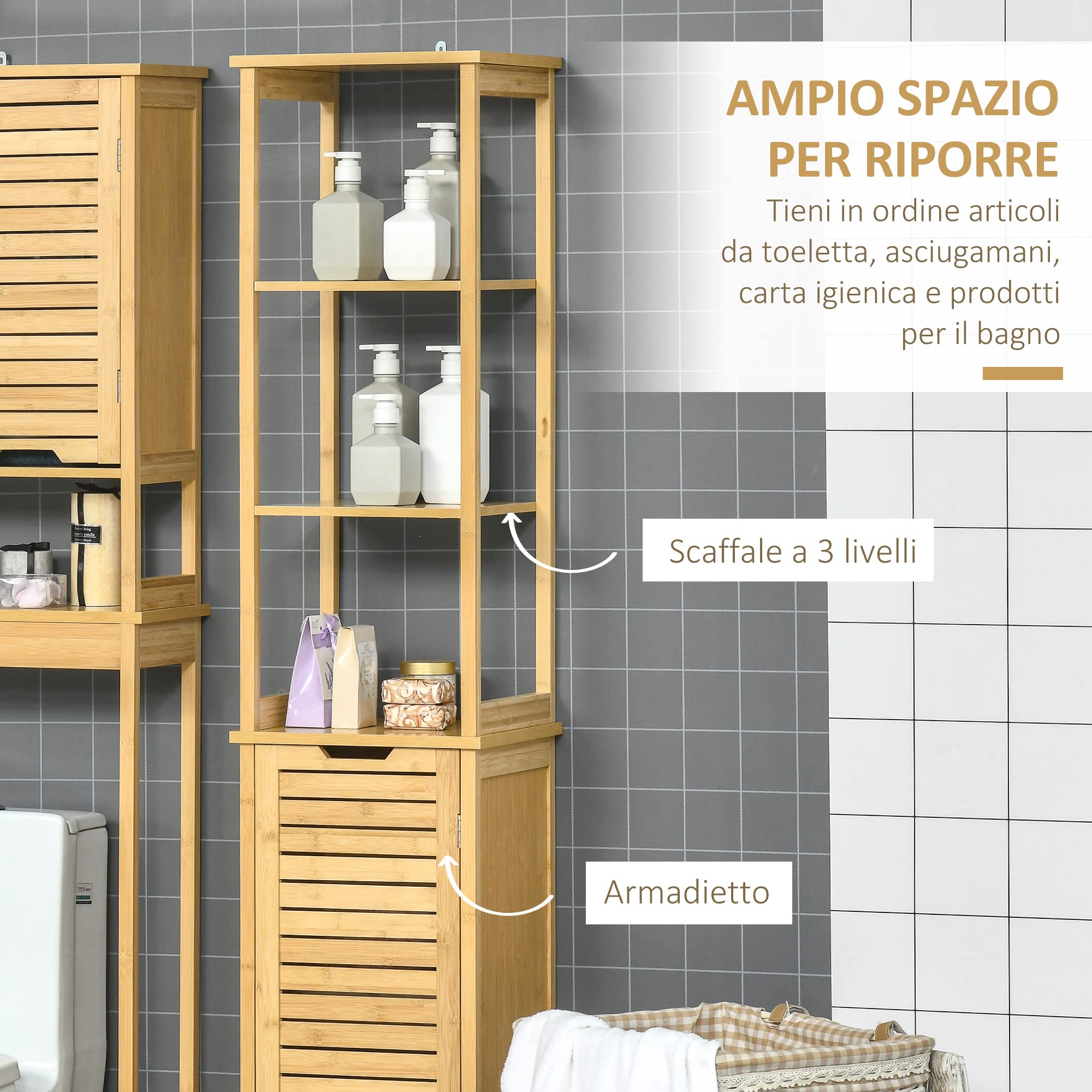 kleankin Mobile Bagno con 3 Ripiani e 1 Credenza, Colonna Bagno Salvaspazio Design a Doghe in Bambù, 34x30x173cm, Color Naturale