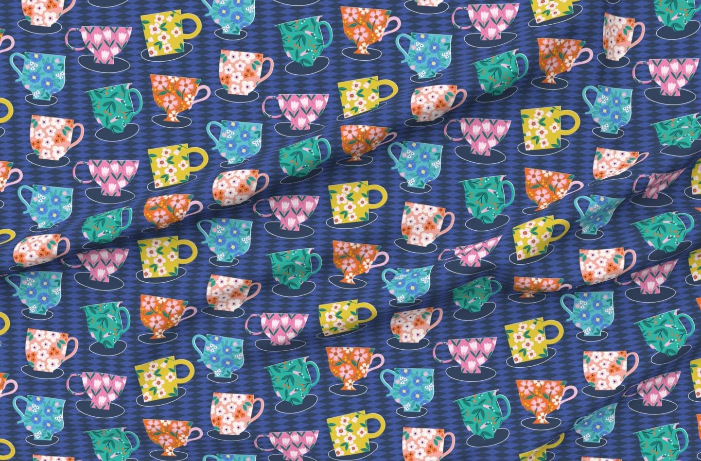 Spoonflower Fabric - Floral Tea Cups Bright Mugs Mix and Match Pattern Clash Large Scale Printed on Petal Cotton Fabric by The Yard - Sewing Quilting Apparel Crafts Decor