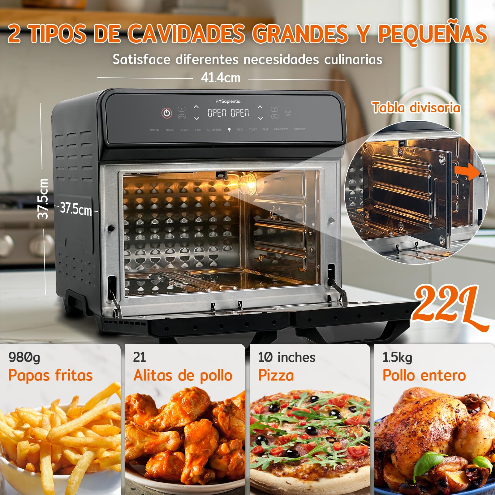HYSapientia® 22L Freidora de Aire Caliente 2 Cámaras, Freidora sin Aceite con Pantalla Táctil LED, Dual Zone Air Fryer Oven con 10 Programas, Airfryer xxl, Acero Inoxidable, Fácil de limpiar