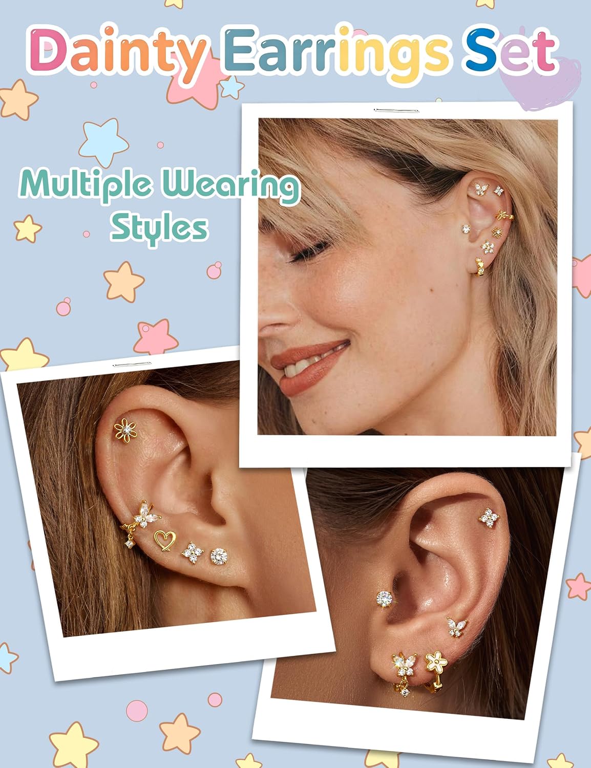 10 Pairs Flat Back Earrings for Women Girls Hypoallergenic Surgical Stainless Steel Hoop Earrings 18K Gold Plated Cute Flower Heart Stud Huggie Sleeper Earring Set Cartilage Earring Stack image 5