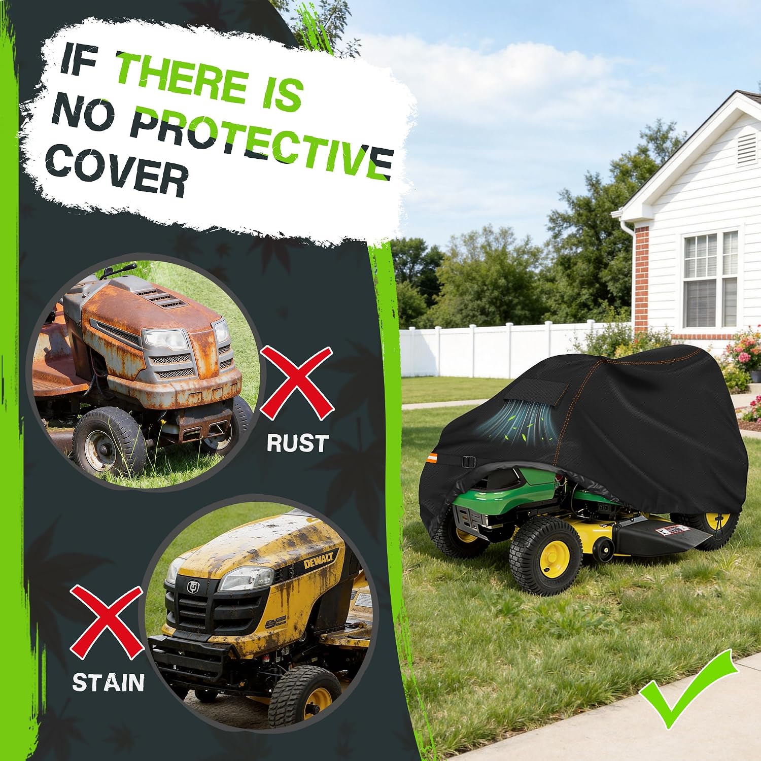 Outdoors Riding Lawn Mower Cover,Garden Tractor Cover Fits Decks up to 54" ,Lawn Tractor Cover Fit with Air Vents and Elastic Straps(Riding-72"L x 54"W x 46"H)