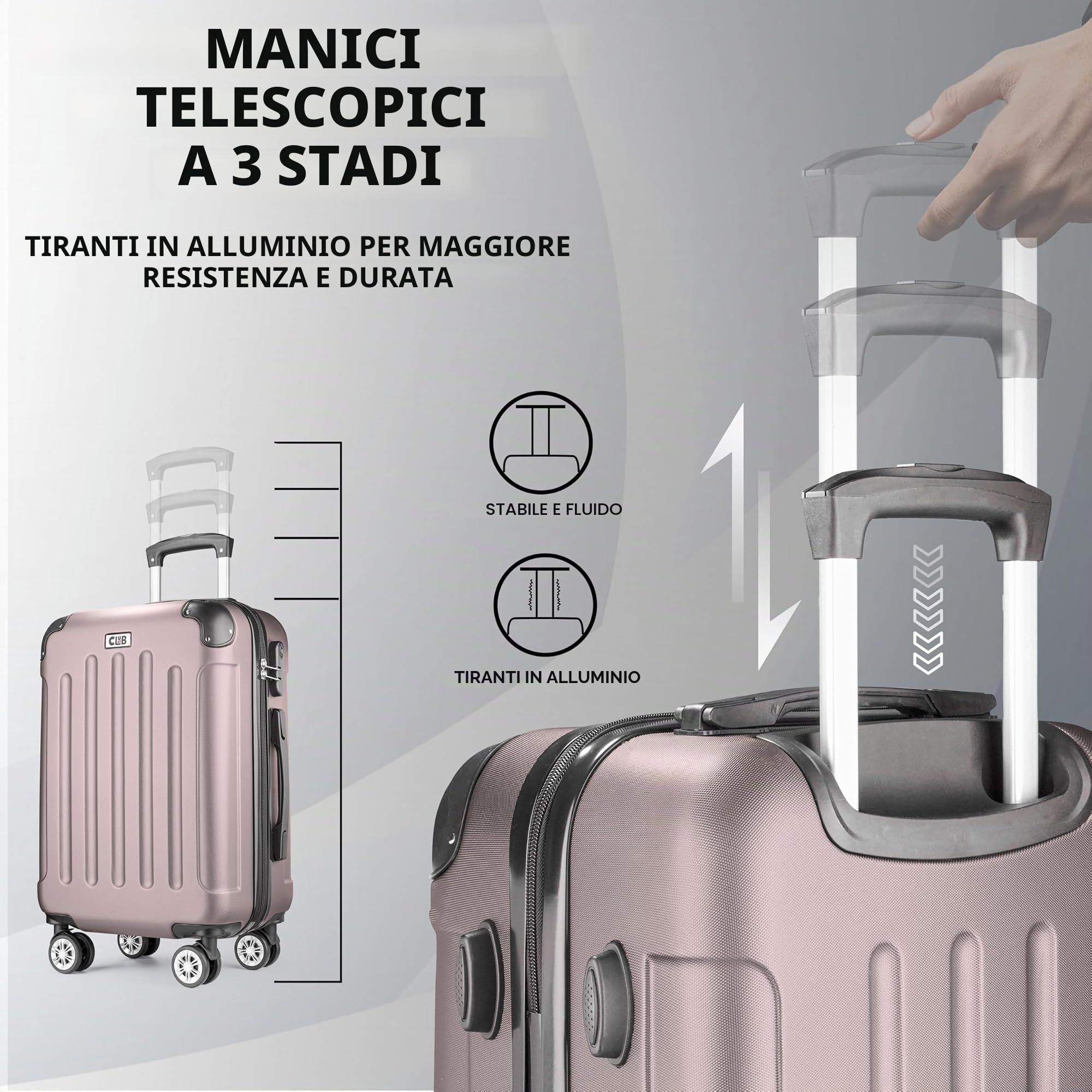 POSH Valigia rigida con ruote trolley bagaglio a mano, grande, media, piccola in ABS, Set di valigie leggere da 3 pezzi nelle misure M-L-XL (rosa cipria, M)