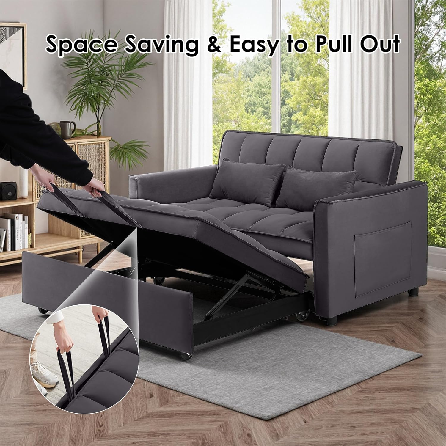 Person demonstrating how to pull out the hidden bed section of the sofa