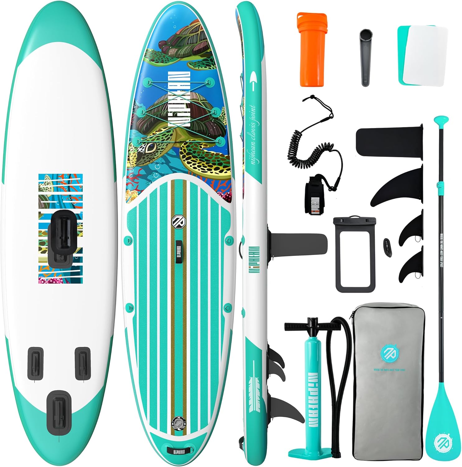 niphean inflatable stand up paddle board with sup accessories, anti-slip eva deck, 10’6’’ inflatable paddle boards for adults & youth of all skill levels turtle paradise