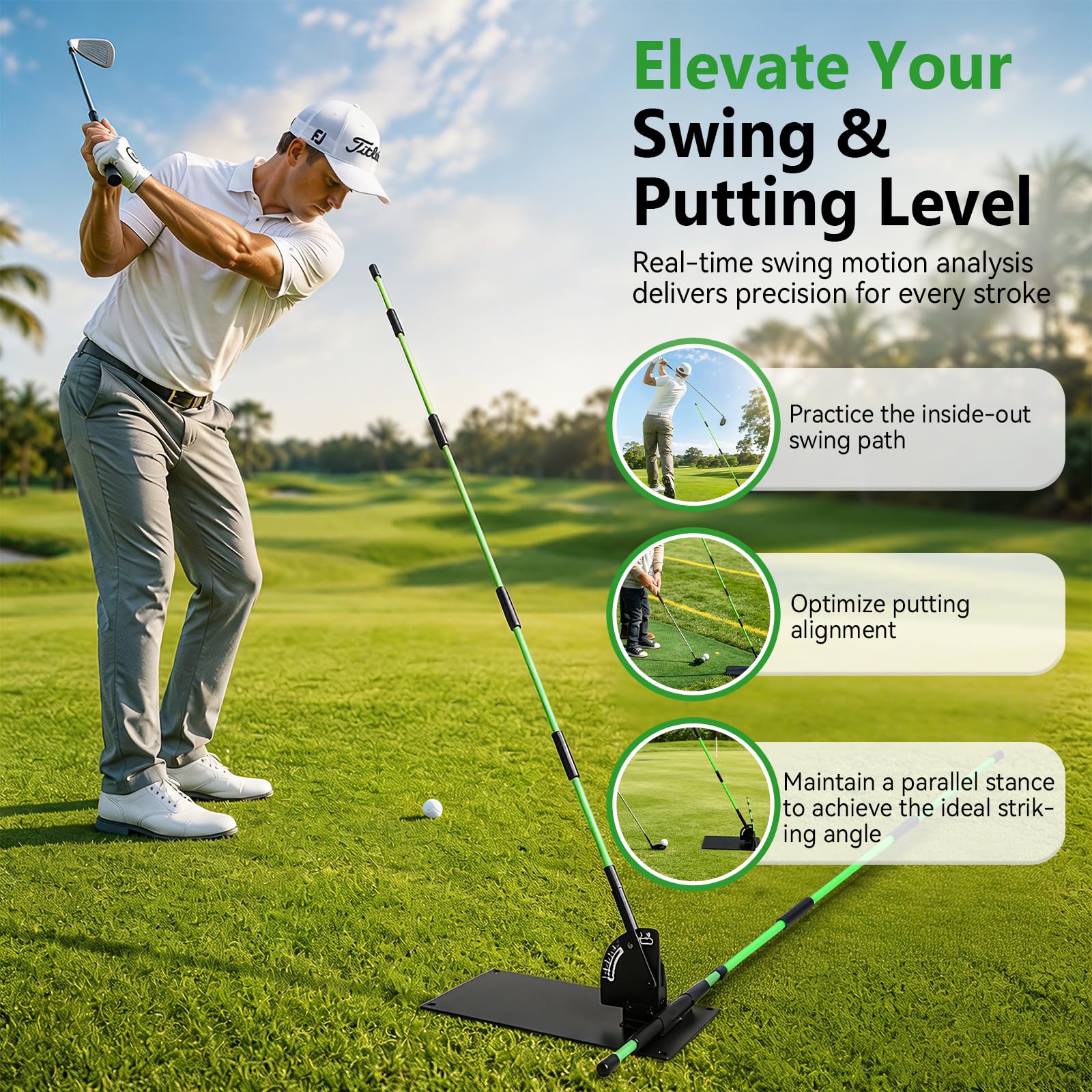 Golf Schwungtrainer Set mit Eisenplatte & 2X 1m Golf Alignment Sticks, Profi Golfschwung Trainer mit Halter für Schwungebene & Ausrichtung, Golf Trainingshilfe für Schwungkorrektur & Haltung