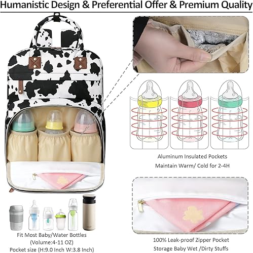 Miniatura 2 de Mochila de pañales para bebé de gran capacidad con bolsillos aislados, impermeable, elegante diseño de estampado de vaca, adecuada para niños y niñas