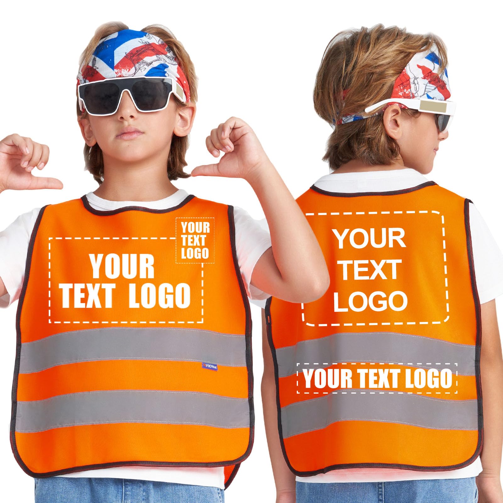 AYKRM Personalised Printed Orange Hi Vis Vests for Kids 10-14 Year custom children High Visibility Reflective Vest Orange High Vis Jacket