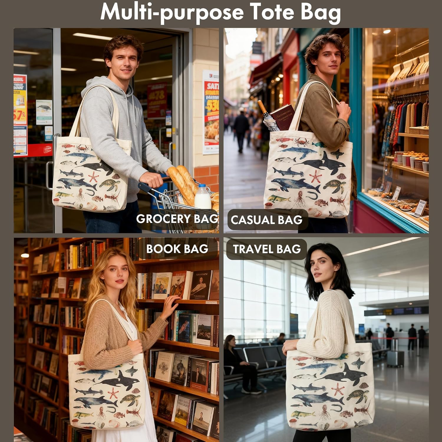 Large Tote Shopping Bag Cotton Canvas-Reusable grocery Bag with Zipper Aesthetic Reusable Shoulder Bag - Image 2