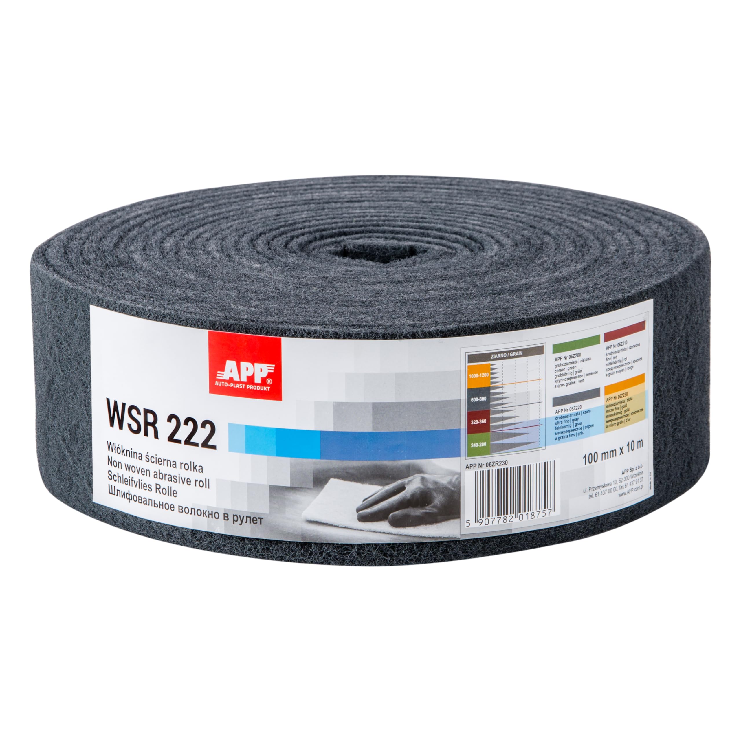 APP WSR 222 Rollo estropajo abrasivo, 100 mm x 10 m, gris | Abrasivo de vellón grano grueso 600-800 para lijar madera, metal y acero inoxidable