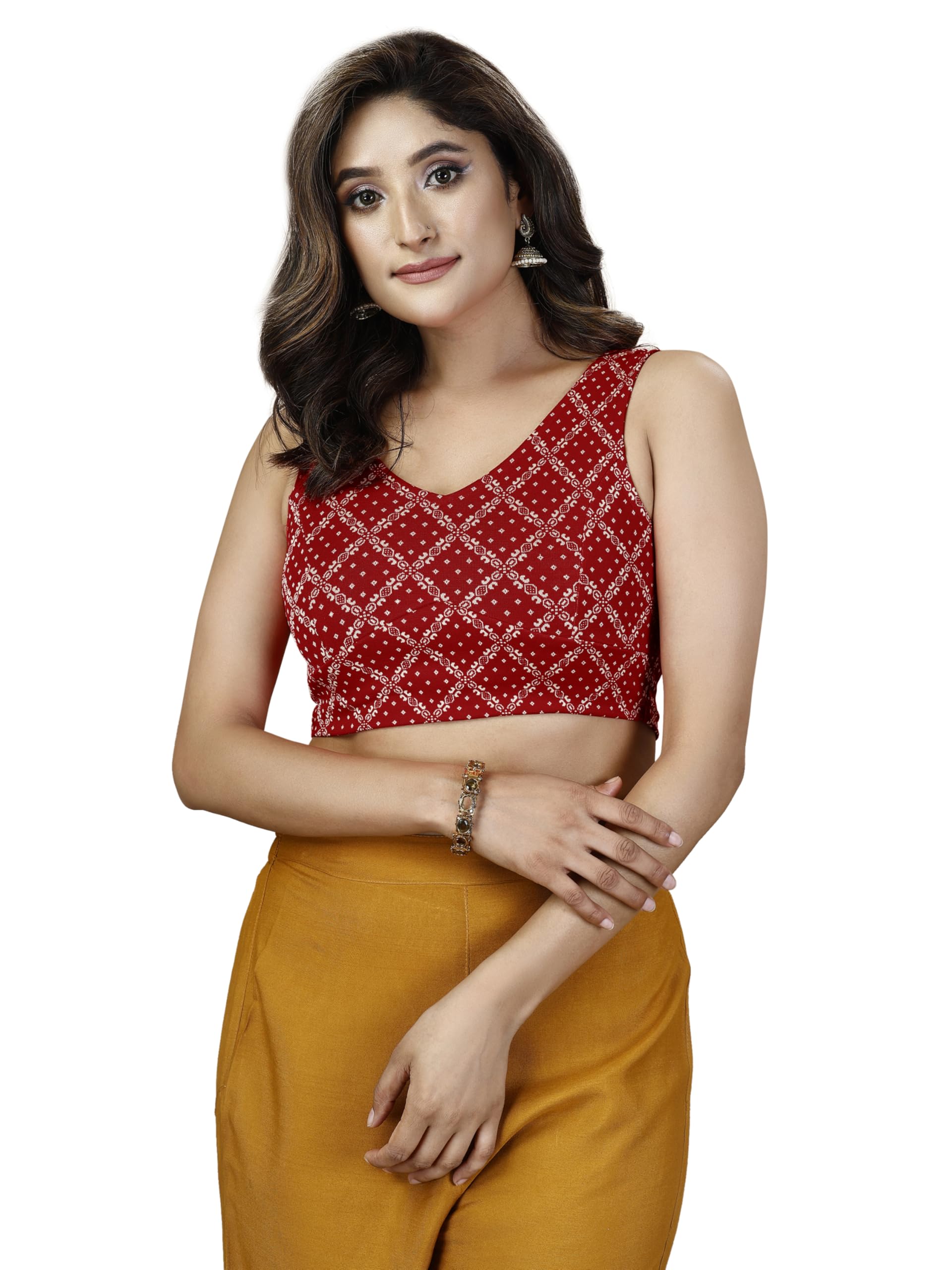 Oomph! Women's Indian Ethnic Wear Designer Bandhani Pattern Zari Work Spoon Neck Sleeveless Maroon Red Color Lycra Readymade Blouse For Saree Or Lehnga And Fusion Twist. Xl