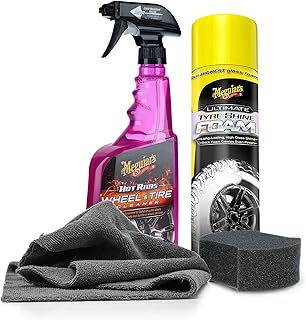 detailmate Meguiar 's Ultimate Tyre Shine Foam + Meguiars Hot Rims Wheel Cleaner + almohadilla aplicadora + paño de microfibra | Cuidado y limpieza de llantas y neumáticos