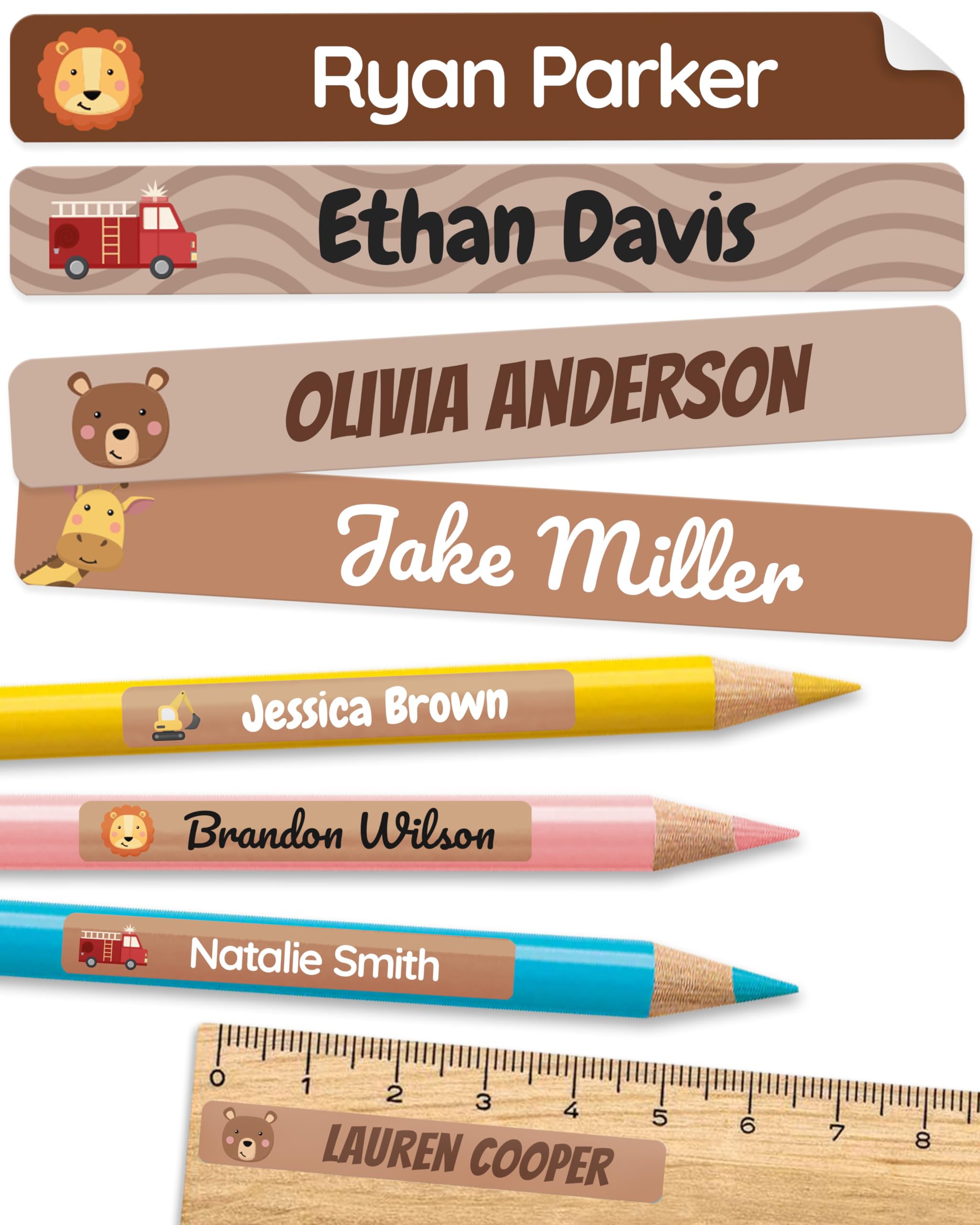 Personalized Kids Name Labels for Pencils Brown [150pcs] - Waterproof Name Stickers for School &amp; Daycare - Pencil Custom Name Stickers - Children Name Stick On Labels for Pens (2.0”x0.3”)
