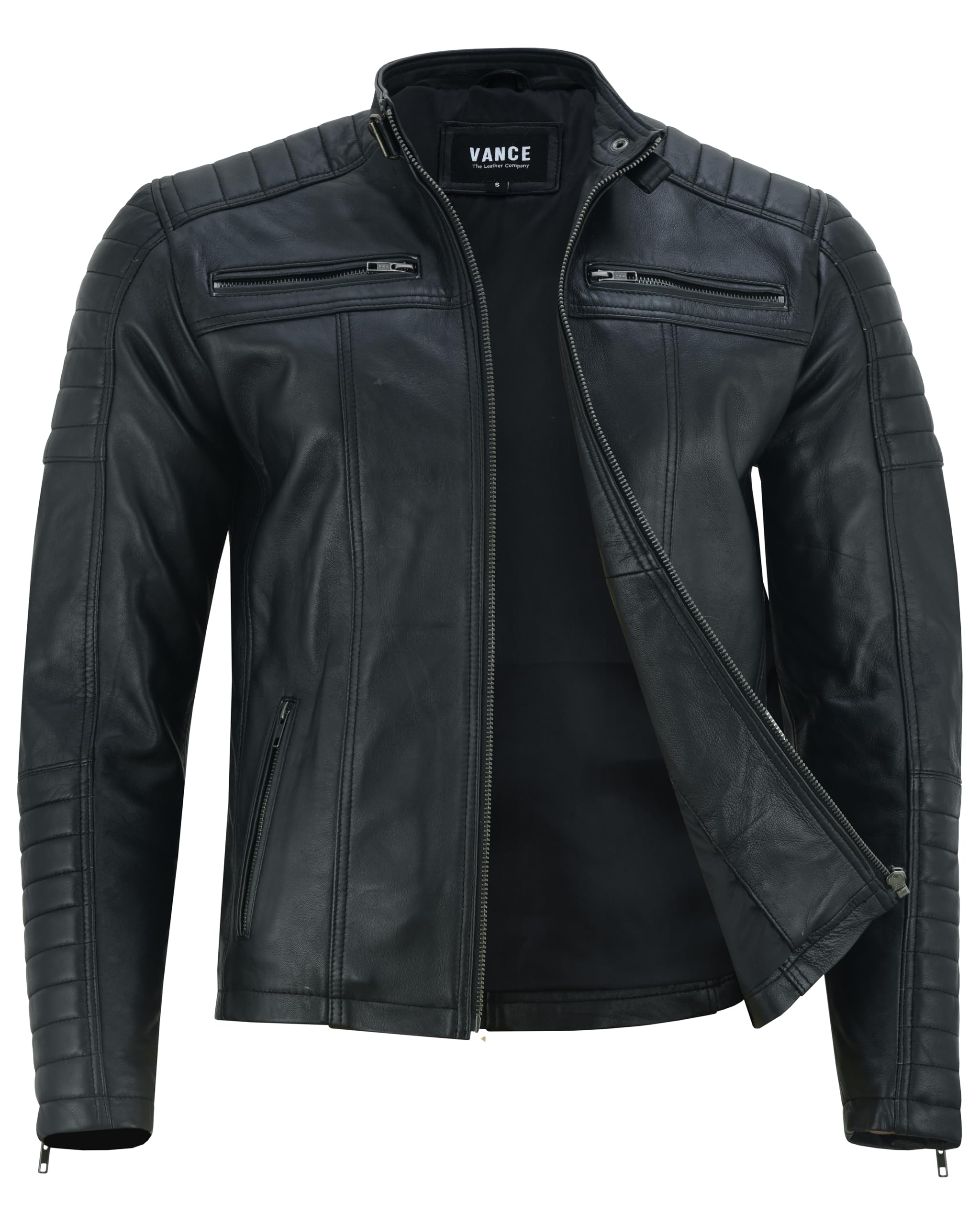 Vance The Leather Company Herren Echtleder Bikerjacke aus 100% Lammleder