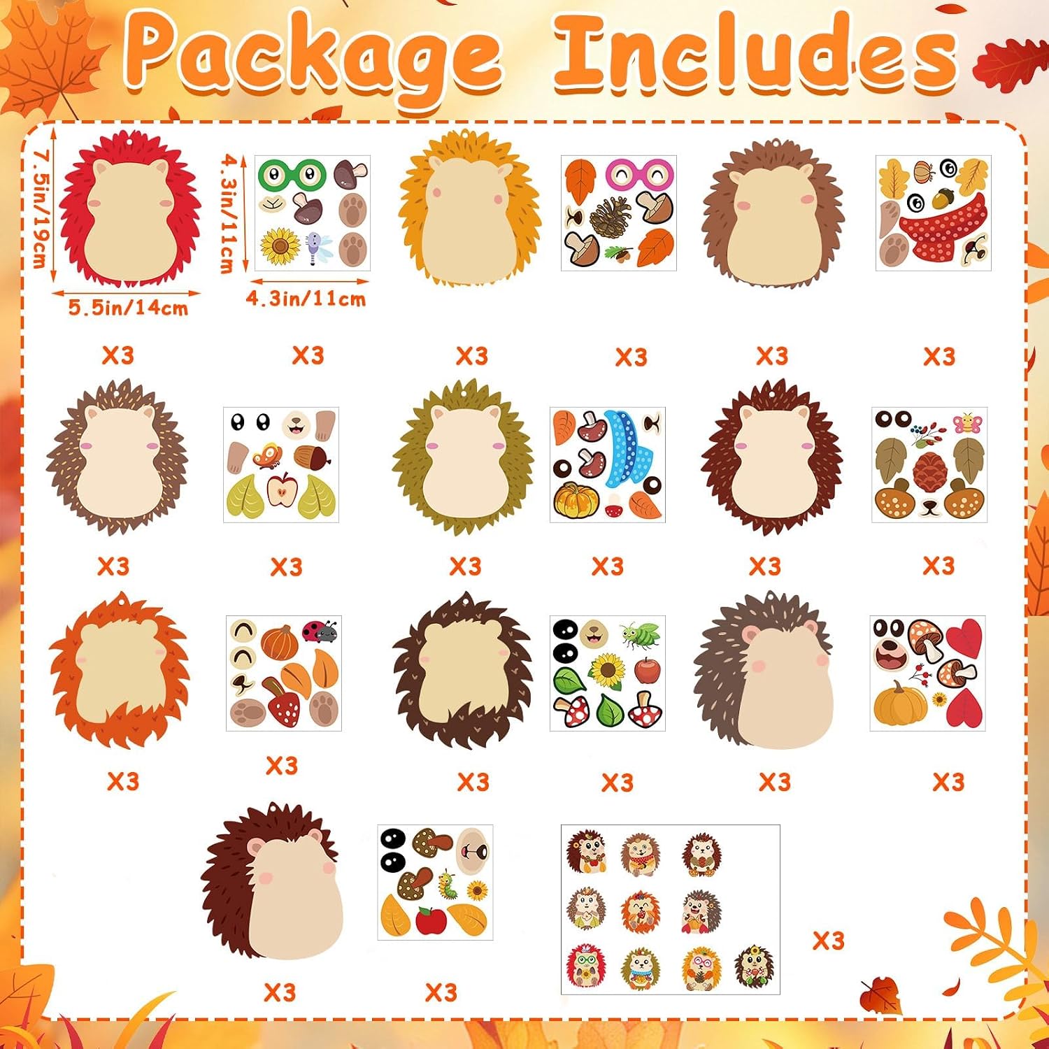 JUNEBRUSHS 30 Piece Fall Hedgehog Craft Set, Autumn Self-Adhesive Stickers Thanksgiving Make Your Own Crafts for Art Classroom Home Fall Harvest Event Party Supplies Decoration image 2