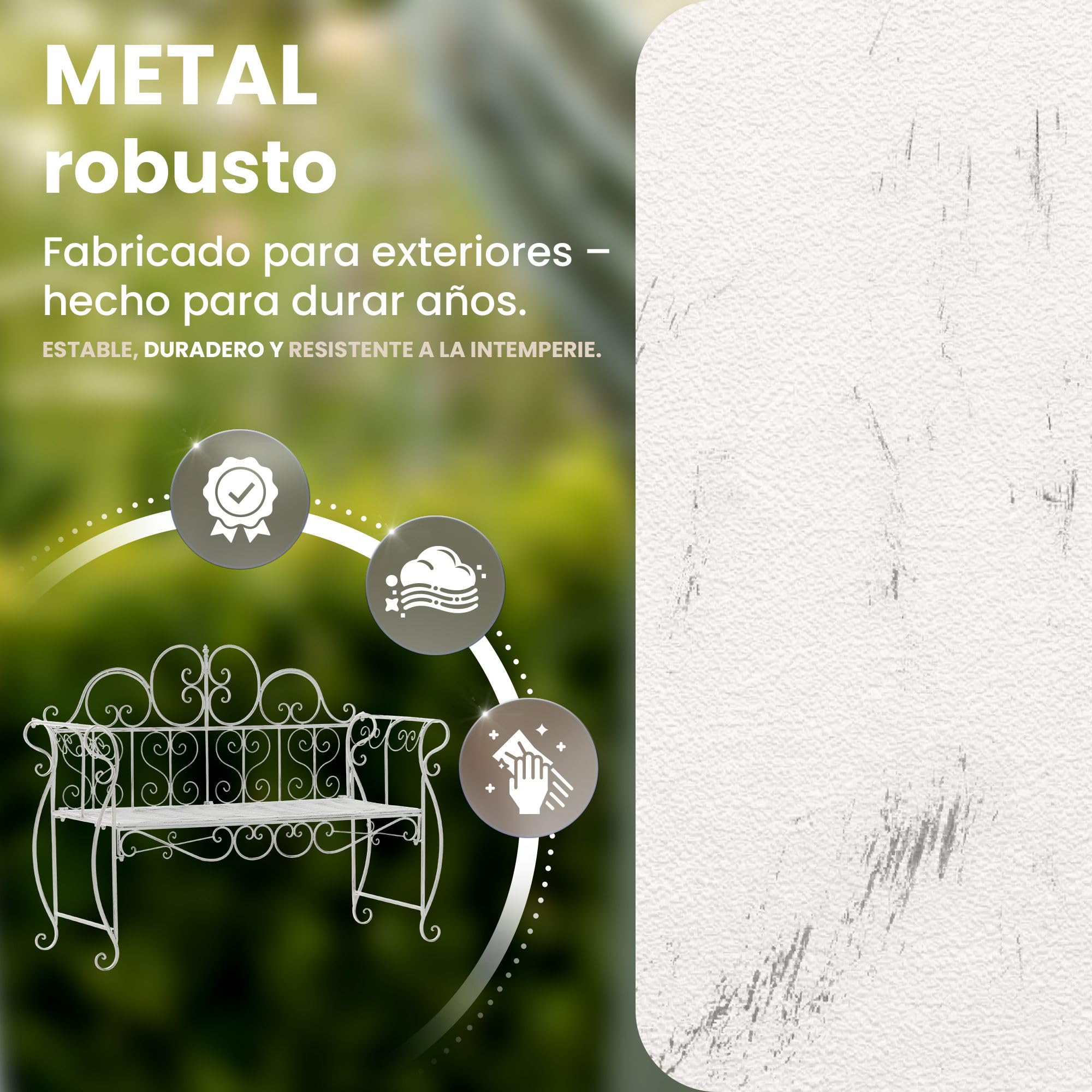 CLP Banco de Jardin Minna, Banco metalico romantico Estilo modernista con reposabrazos, Ideal para Jardin, terraza y Balcon, hasta 180 kg, Color:Blanco Envejecido