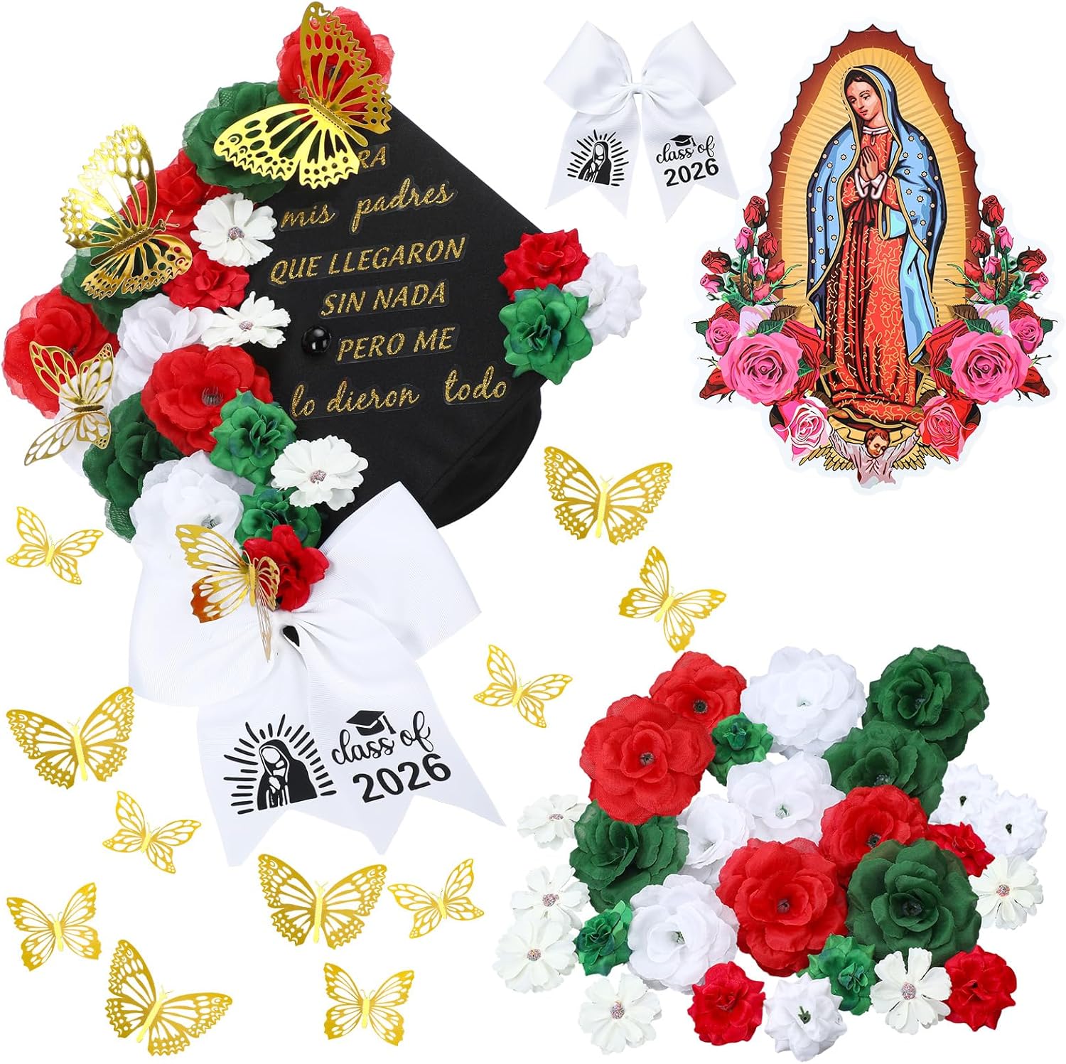 Dunzoom 46 Pcs Mexican DIY Graduation Cap Decoration Accessory Kit Include Our Lady of Guadalupe Bow Faux Flower Heads Bless Quotes Stickers 3D Butterfly Stickers for Grad Cap Topper Graduation Gift