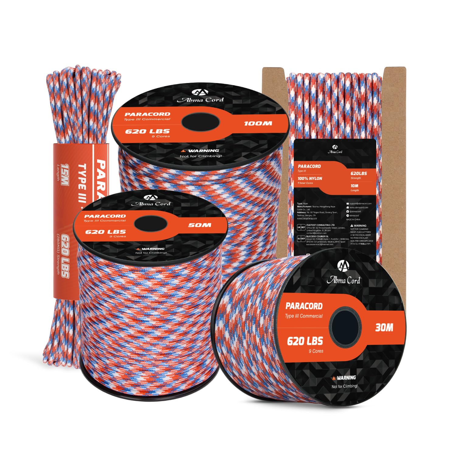 Abma Cord Liberty Paracord 4Mm 10M 100% Nylon Rope 9 Strands Type Iii Parachute Cord For Diy, Camping, Survival, Outdoor - Max. 280Kg
