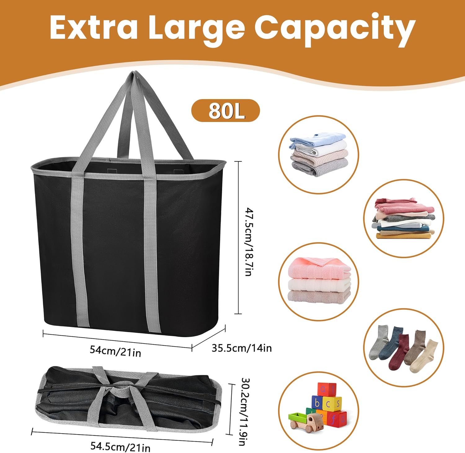 JOMOLA Collapsible Laundry Basket, Large Folding Clothes Hamper Bag, Fabric Laundry Tote Carry All Bin XL Pop Up Baskets with Handles, Waterproof Clothes Storage Basket for Bathroom, Family Black