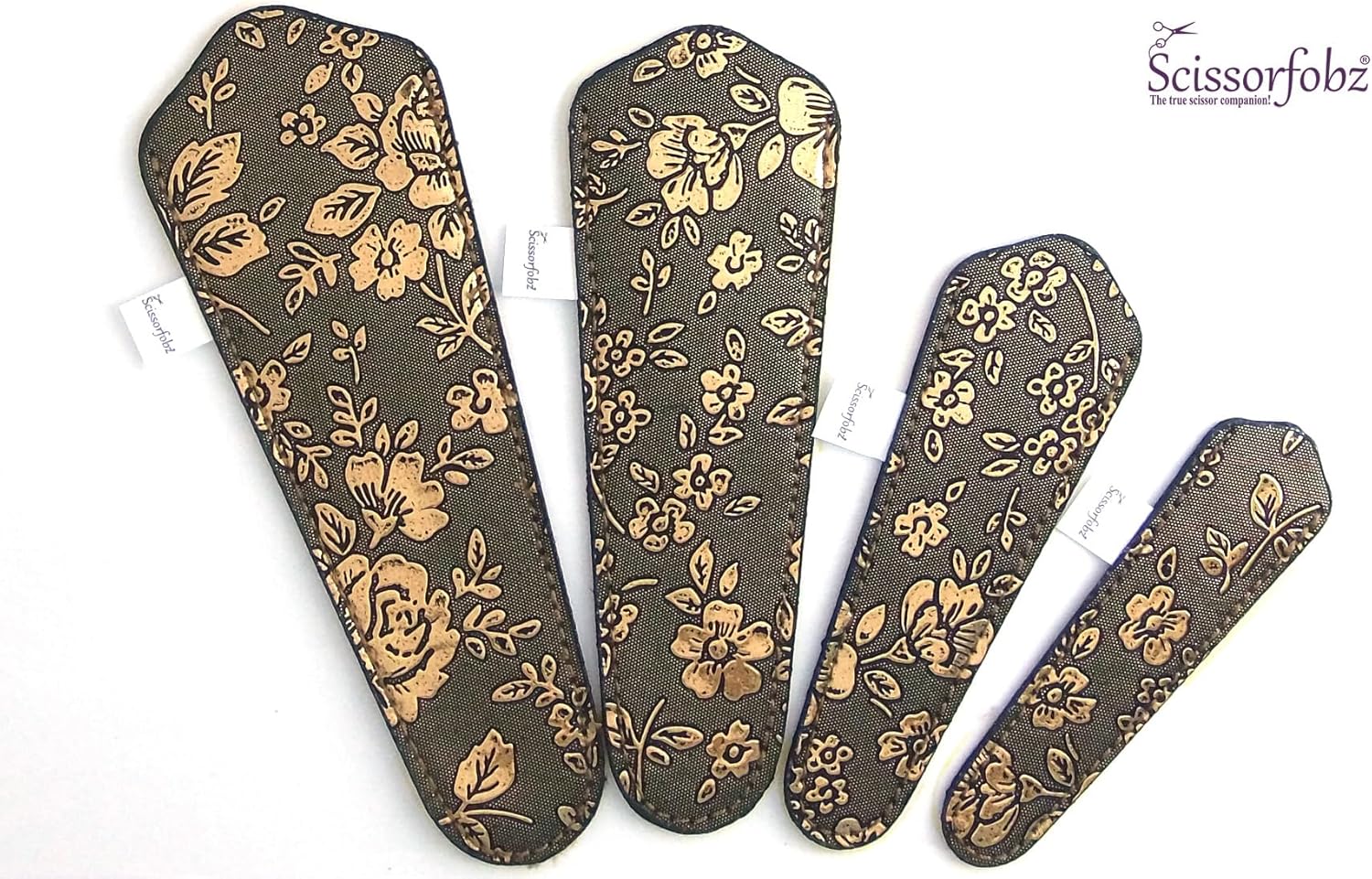 SCISSORFOBZ Designer Scissors Sheaths Shears Protective Covers-4 pcs Assorted Size Value Pack - Antique Gold Floral Garden Design-#4-222