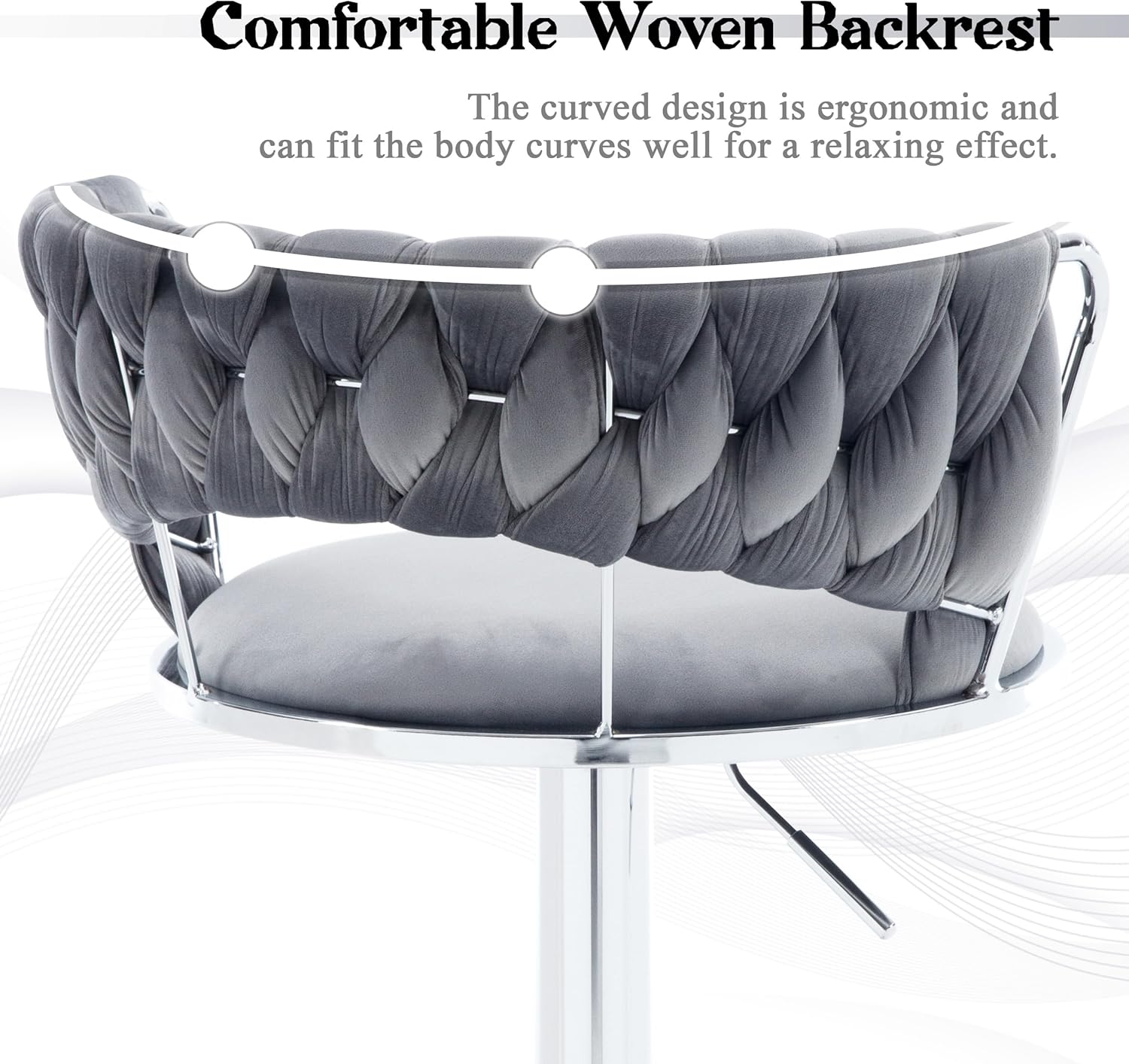 Velvet Swivel Bar Stools Set of 2, Modern Adjustable 360° Swivel Bar Height Chairs with Woven Hollow Back, Upholstered Counter Height Bar Stools with Silver Base for Kitchen Island, Grey