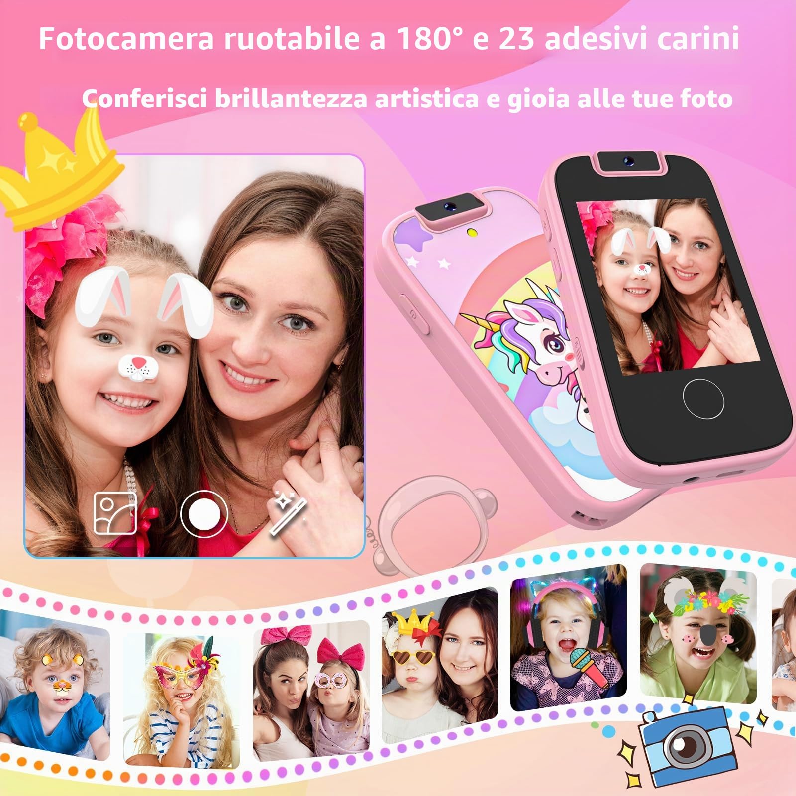 Dhapy Smartphone per Bambini, Telefono Touch Screen per Bambini, Lettore Musicale MP3, Giocattolo Educativo con Scheda SD 8G, Rosa