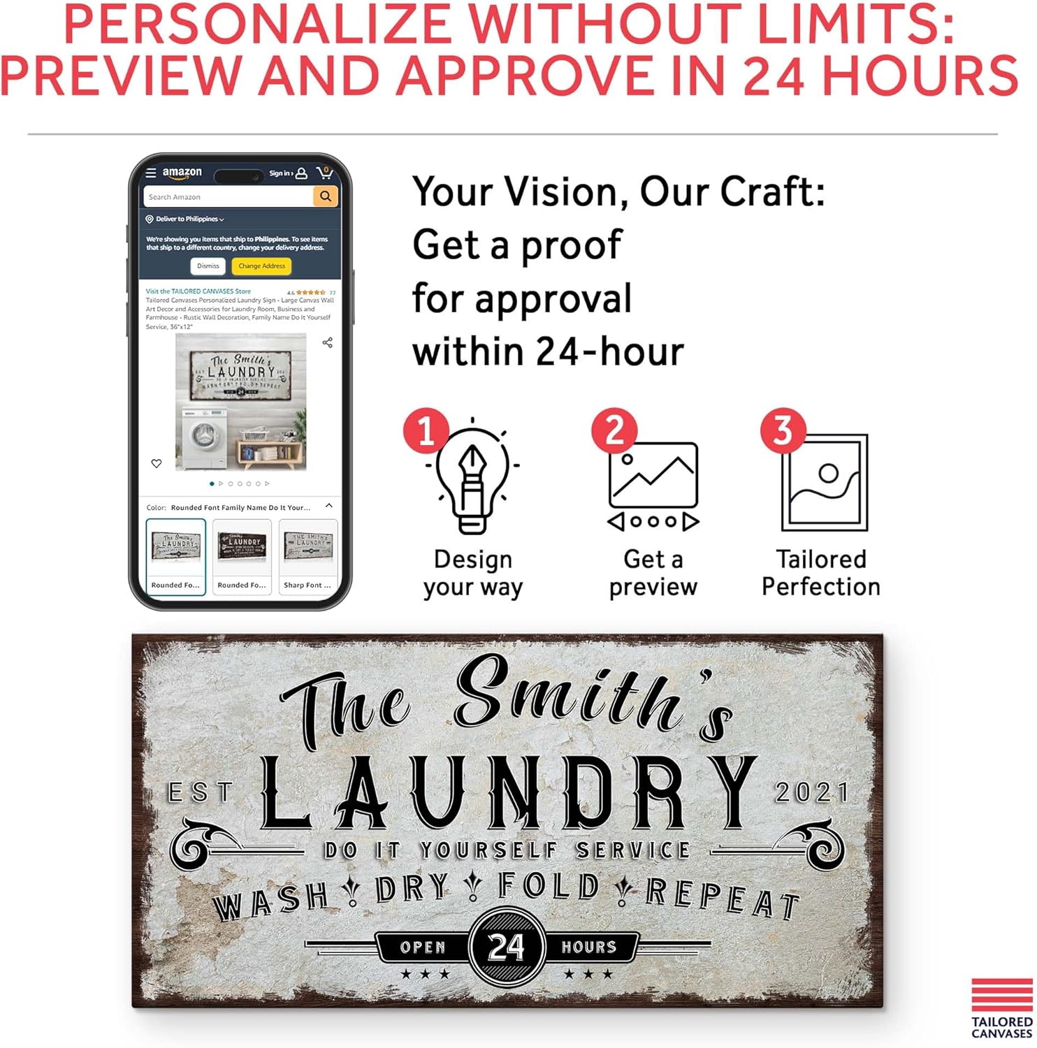 Tailored Canvases Personalized Laundry Sign - Large Canvas Wall Art Decor and Accessories for Laundry Room, Business and Farmhouse - Rustic Wall Decoration, Family Name Do It Yourself Service, 20"x10"