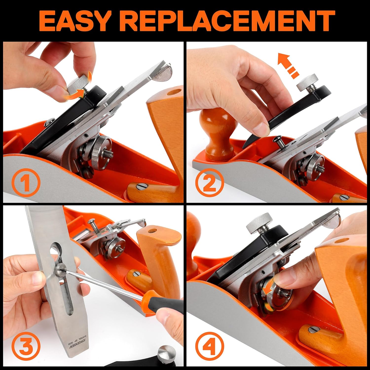 Four-step visual guide for easy replacement of a planer blade.