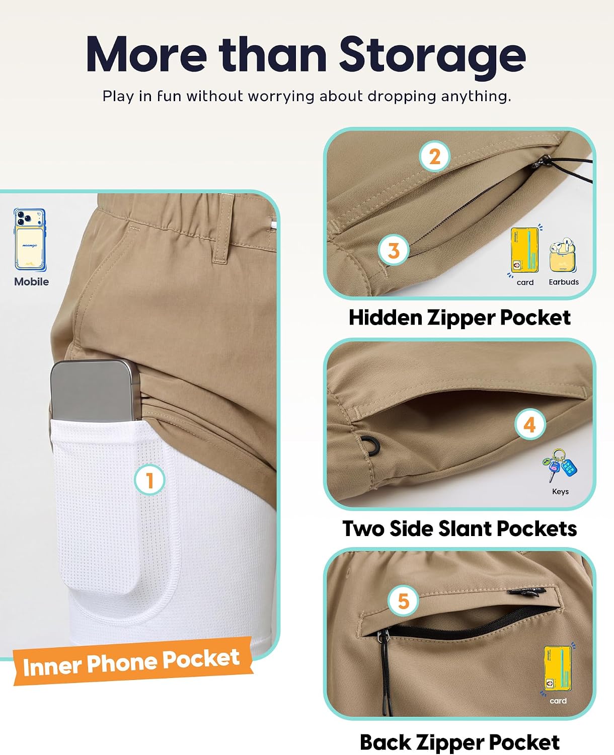 maamgic Boys Casual Shorts with Compression Liner & Zipper Pockets Stretch Fit School Uniform Shorts for Golf，Running