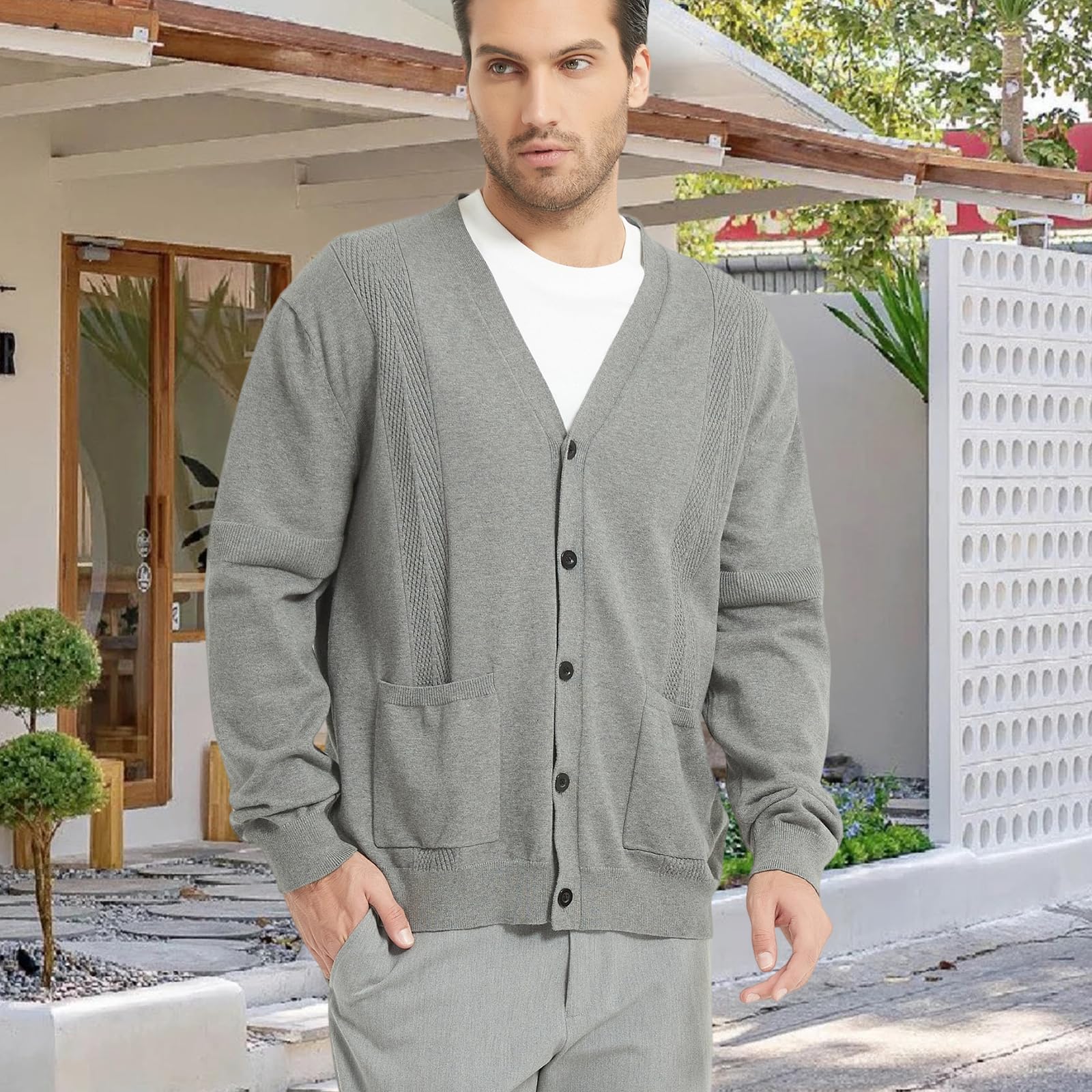 Cardigan pour Homme Décontracté Pull Manches Longues en Maille avec Col en V, Veste en Tricot Coton pour Hommes Gilet Automne Hiver avec Poches et Boutons