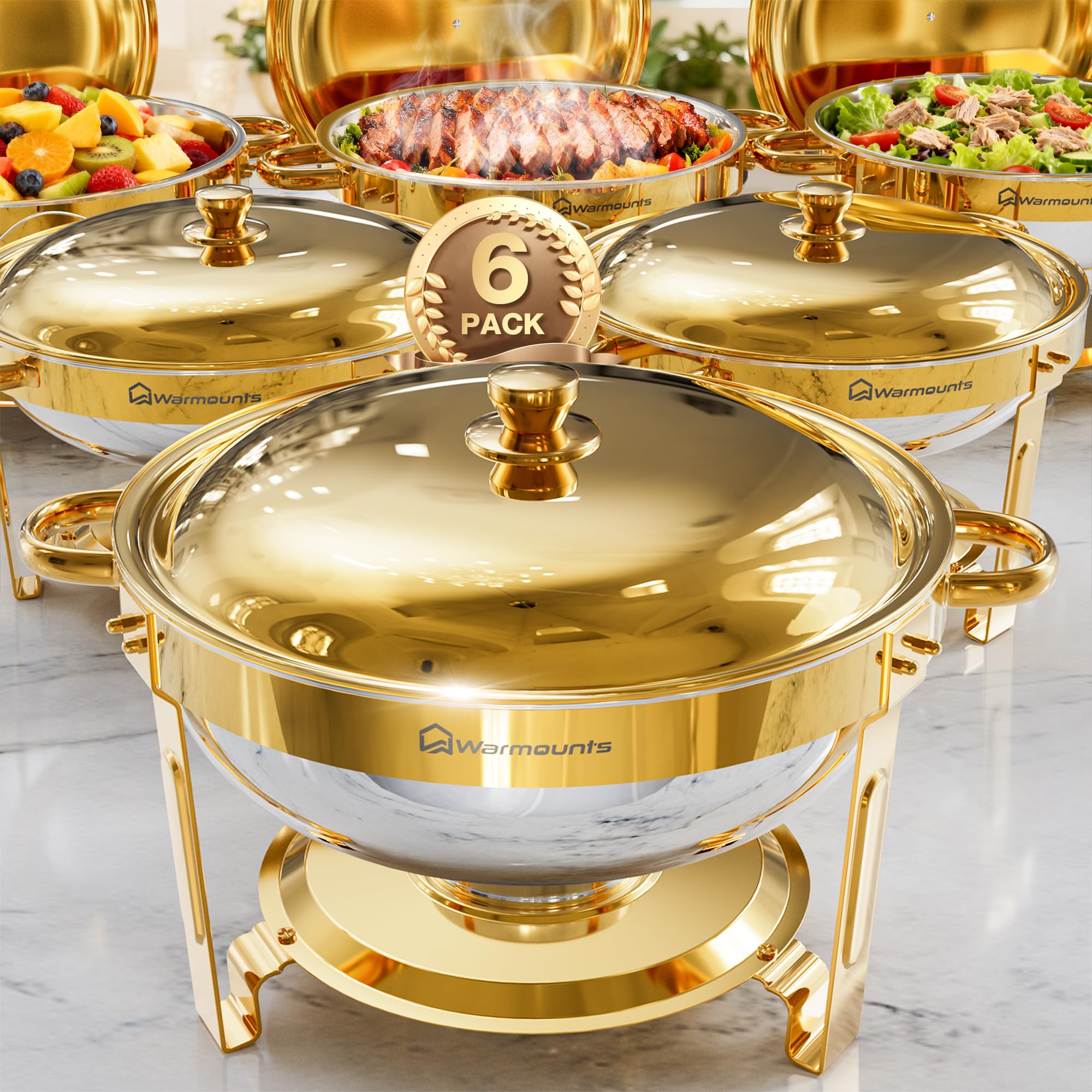 WARMOUNTS Round Chafing Dishes for Buffet 6 Pack, 5QT Food Warmers for Parties Buffet with Lid Holder, Stainless Steel Chafing Dish Sets for Catering, Events, Banquets, Gold