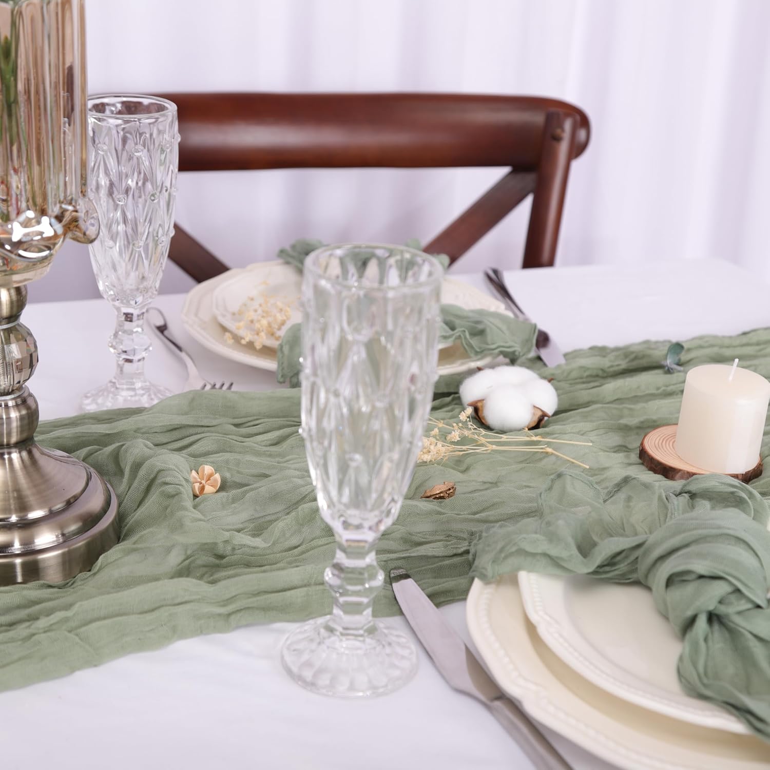 Sage Green Cheesecloth Table Runner Boho Gauze Chiffon 120 Inch 10FT Table Runner for Wedding Decorations