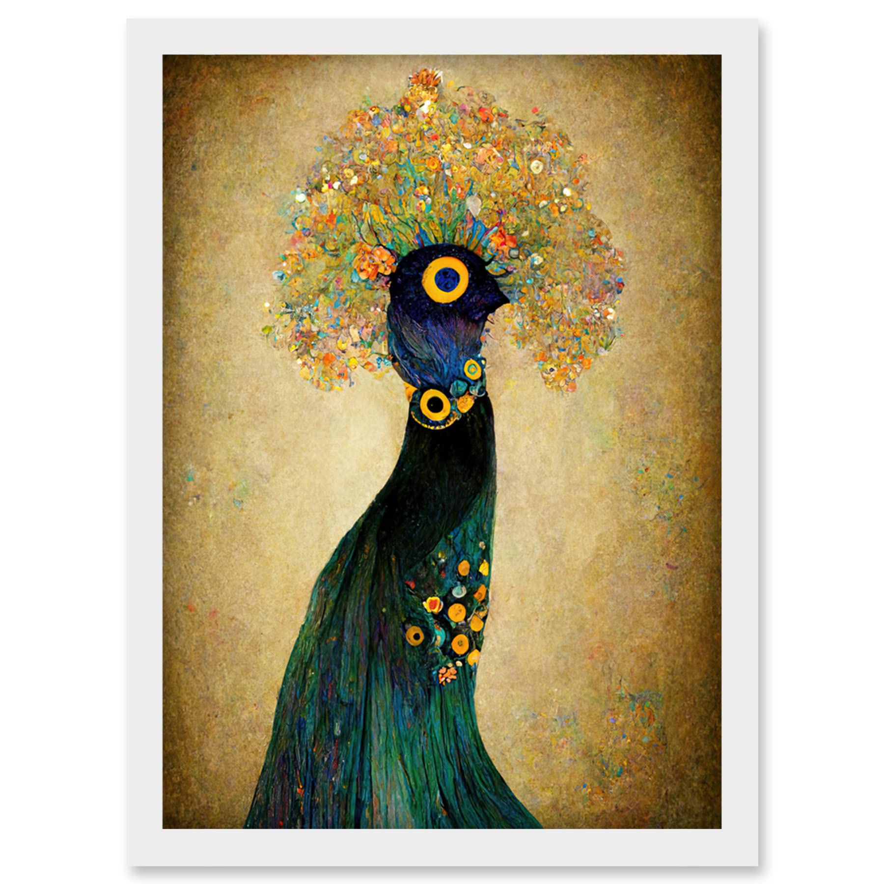Doppelganger33 LTD Elegant Peacock Portrait In Emerald And Gold Gustav Klimt Artwork Framed Wall Art Print A4