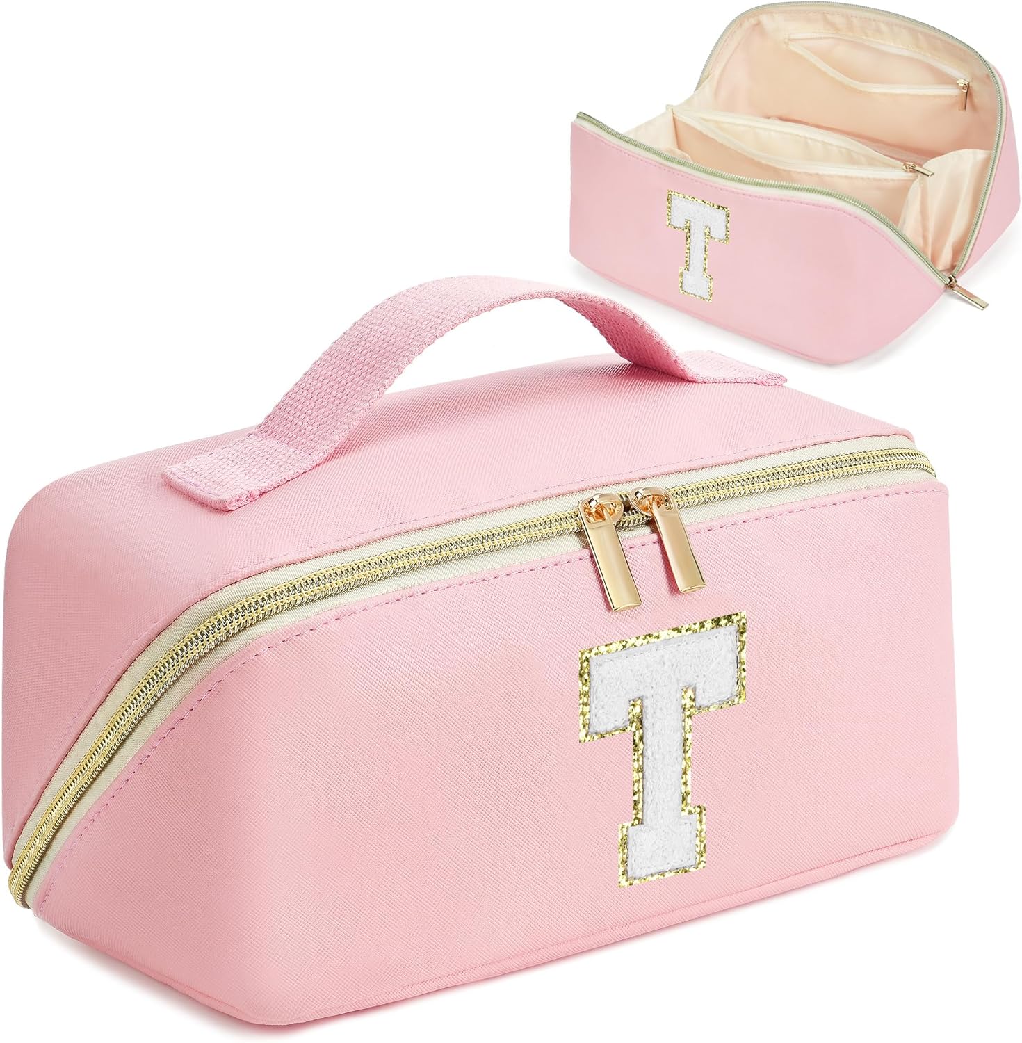 for Valentines Day Gifts, Makeup Bag for Women, PU Leather Travel Toiletry Bags, Initial Make Up Cosmetic Pouch for Teen Girls, Wide Open Portable Skincare Bag, Personalized Birthday Gifts, Pink T