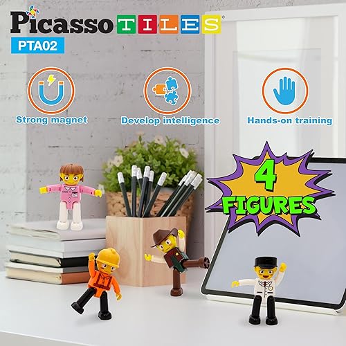 Miniatura 5 de PicassoTiles Paquete de expansión adicional de 2 piezas de camiones magnéticos + 4 figuras de acción: juego educativo STEAM para juegos de