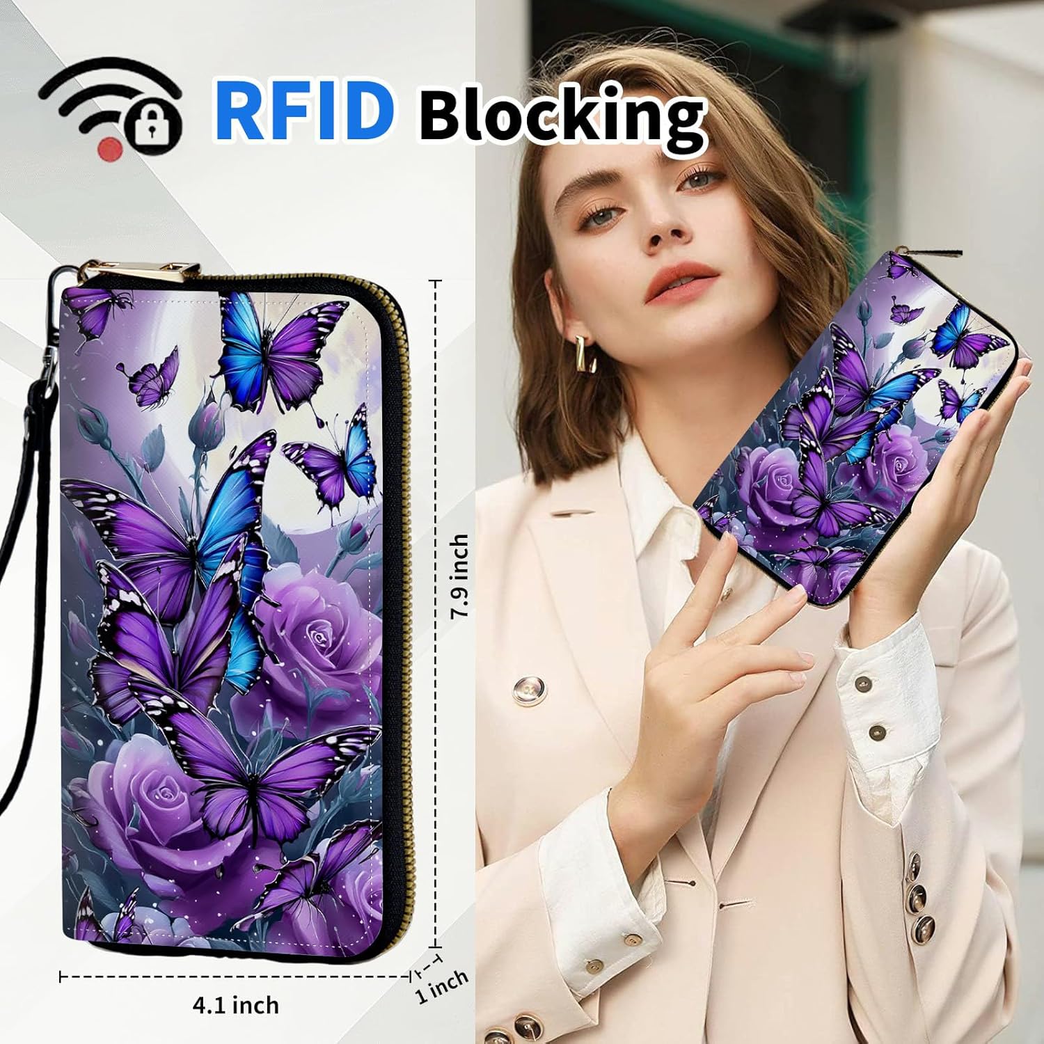 Women's Wallets,PU Leather Wristlet Wallet for Women,Card Holder Organizer Ladies Clutch with Zipper & Phone Holder-Purple Rose Butterflies - Image 2