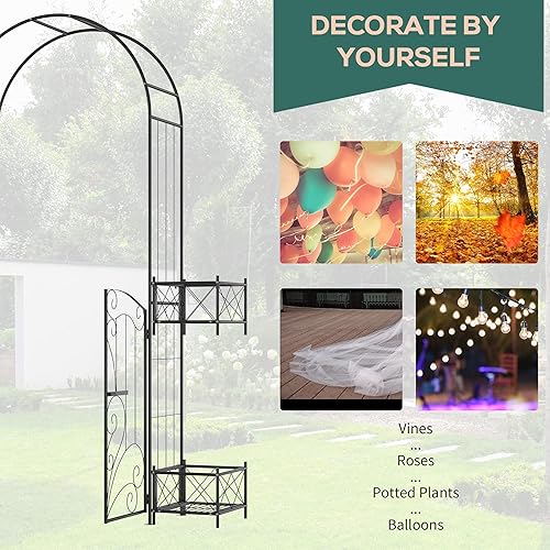 Miniatura 3 de Outsunny Cenador de jardín de metal de 7 pies, arco de jardín con puerta, corazones de desplazamiento, puertas con pestillo, cajas de macetas para