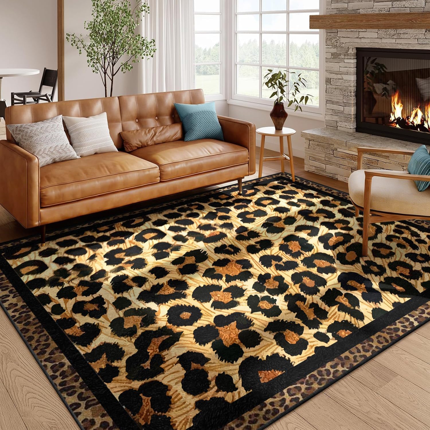 Bycmuoz Black Leopard Print Runner Rug, 180x230cm, Luxury Animal Pattern Bedside Carpet, Soft Low Pile Washable Rug, Non Slip Floor Mat for Teen Bedroom Hallway