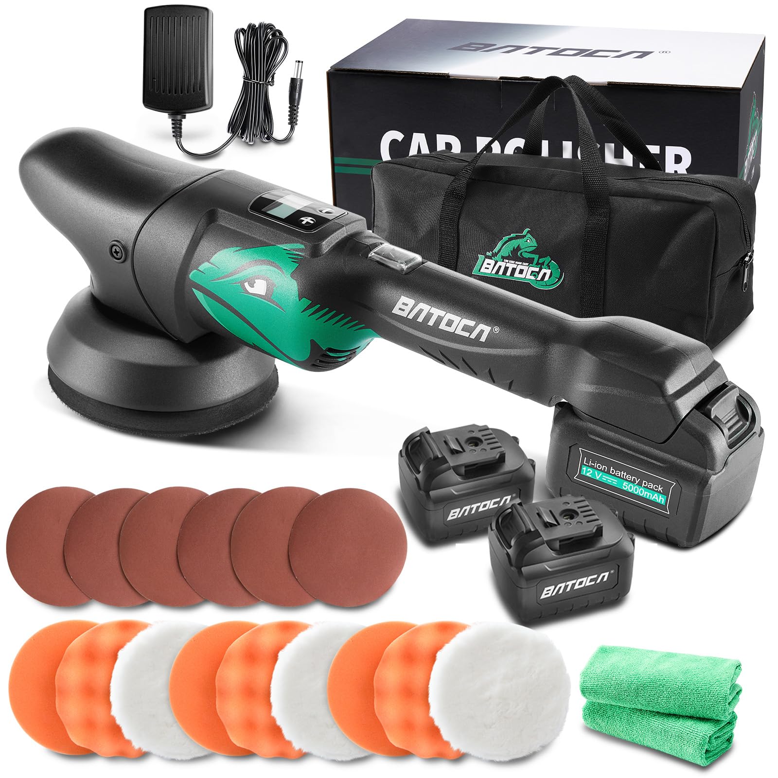 BATOCA S2 Auto Poliermaschine,Akku Polierer,LCD Geschwindigkeitsanzeige 2000-4500RPM,8mm Exzenter/Orbital Puffer,Polieren Auto,Polierset mit 2 5000mAh Akkus,125mm Polierschwamm,Polnisch Schleifen