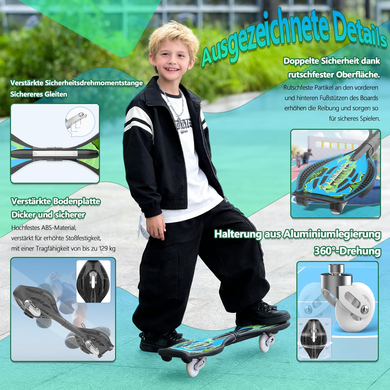 Waveboard für Kinder und Erwachsene - Snakeboard mit LED Leuchtrollen Bremssystem, bis 129kg, Alu-Rahmen, 360° Drehbar, inkl. Schutzset Tasche für Straße Skatepark