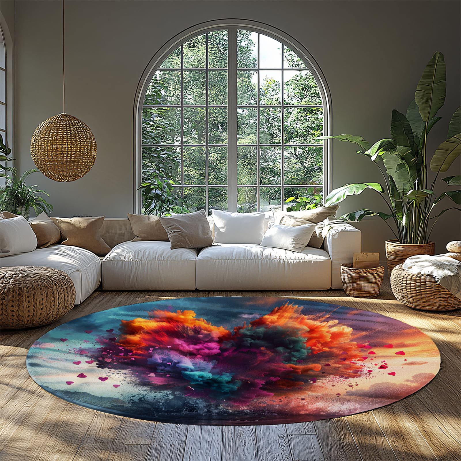 Tapis rond 120cm motif coeur abstrait et coloré pour salon