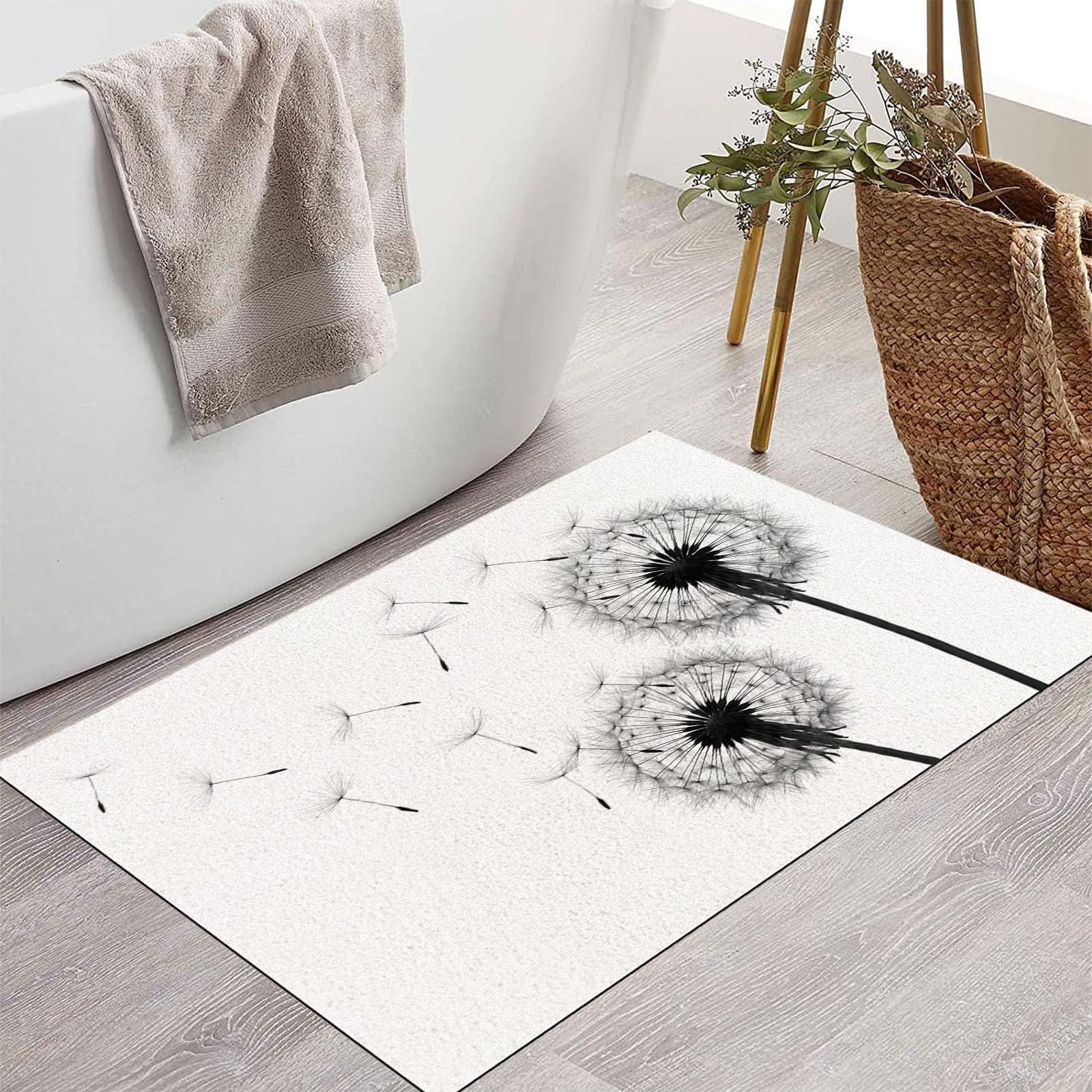 Felpudo Ultrafino Para Interiores, 80X120Cm, Silueta Sencilla De Diente De León Alfombra Antideslizante Lavable Para Entrada, Plantas Pintadas A Mano Felpudo De Perfil Bajo, Atrapa Suciedad, Blanco