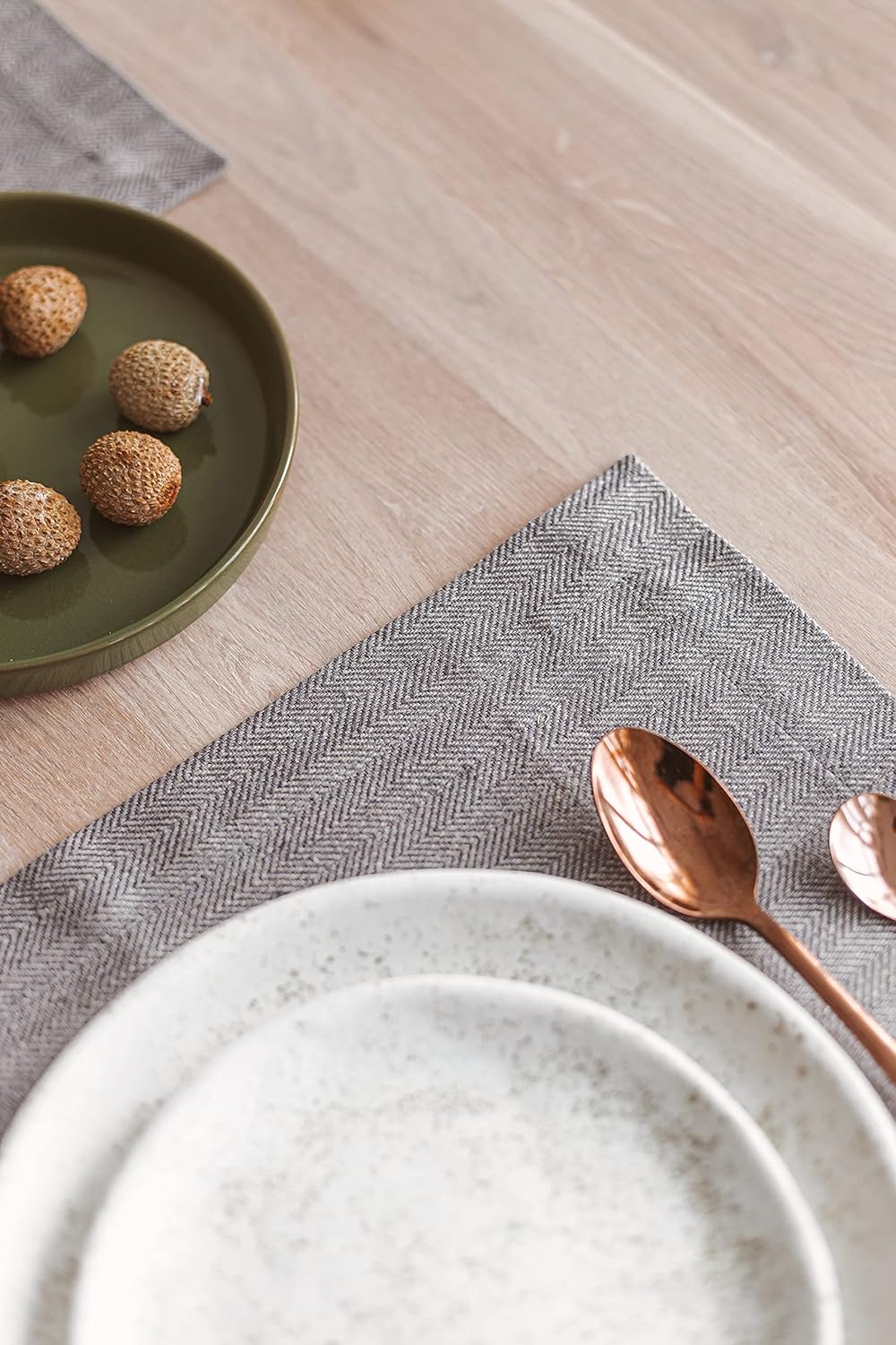 Pure 100% Flax Linen Placemats - 4-Pack 14x19-inch Grey-Natural Herringbone Placemats Set for Christmas - Natural Fiber Dining Table Cloth Placemats